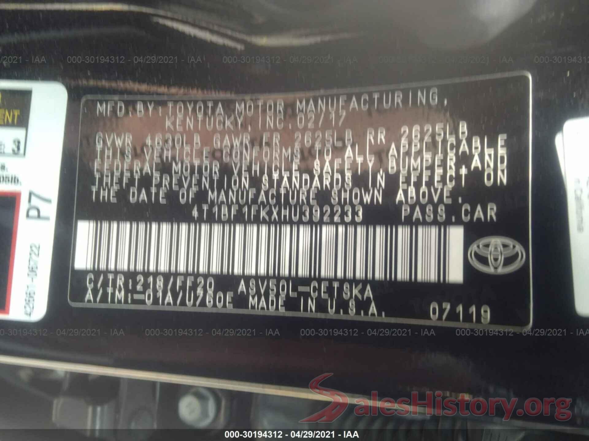 4T1BF1FKXHU392233 2017 TOYOTA CAMRY