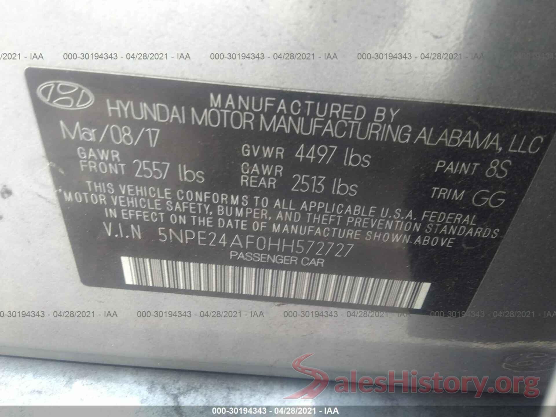 5NPE24AF0HH572727 2017 HYUNDAI SONATA