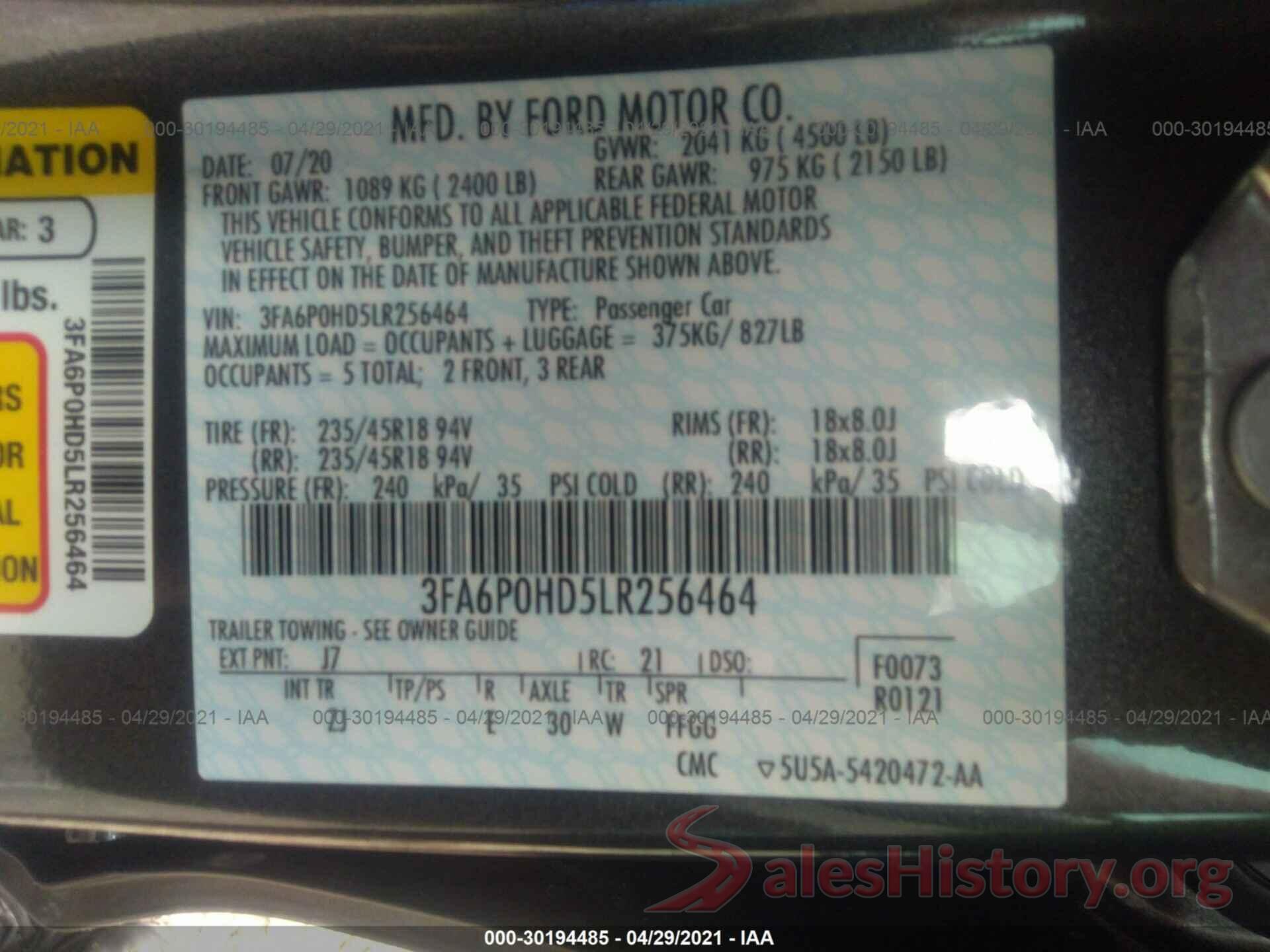 3FA6P0HD5LR256464 2020 FORD FUSION