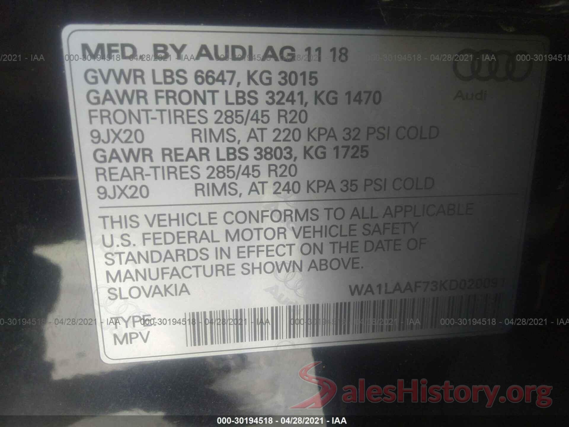 WA1LAAF73KD020091 2019 AUDI Q7