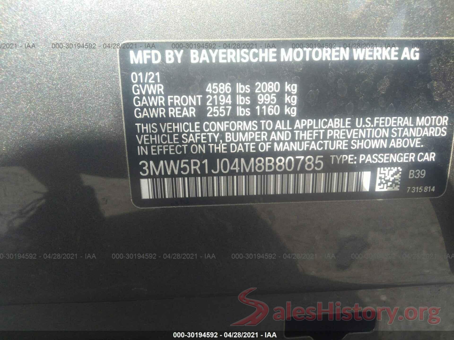 3MW5R1J04M8B80785 2021 BMW 3 SERIES