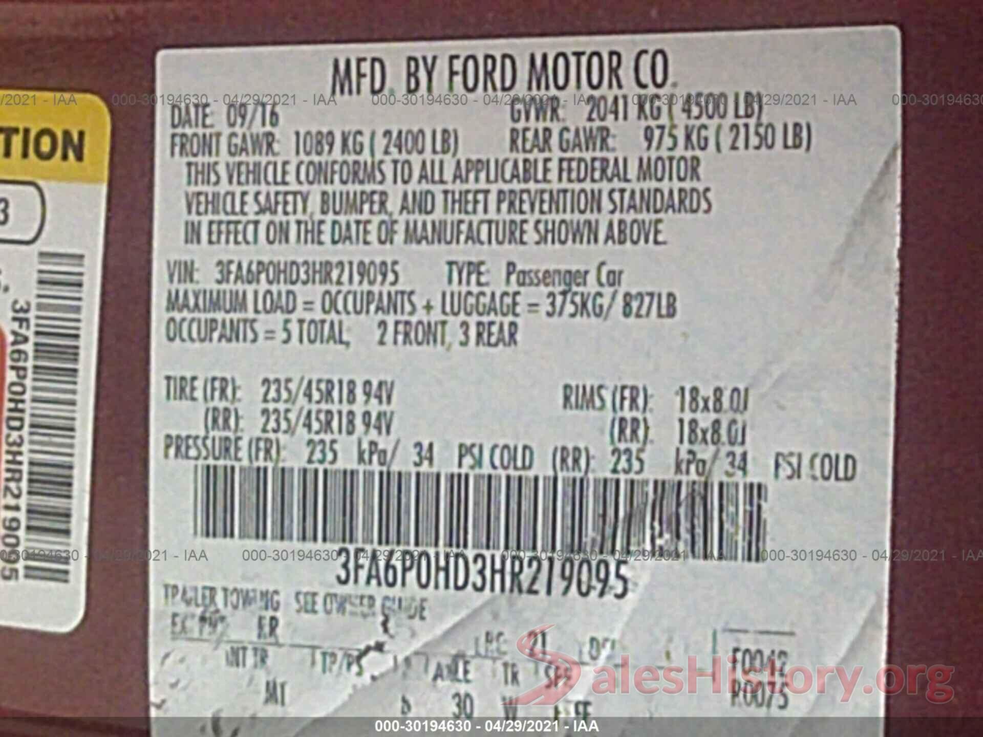 3FA6P0HD3HR219095 2017 FORD FUSION