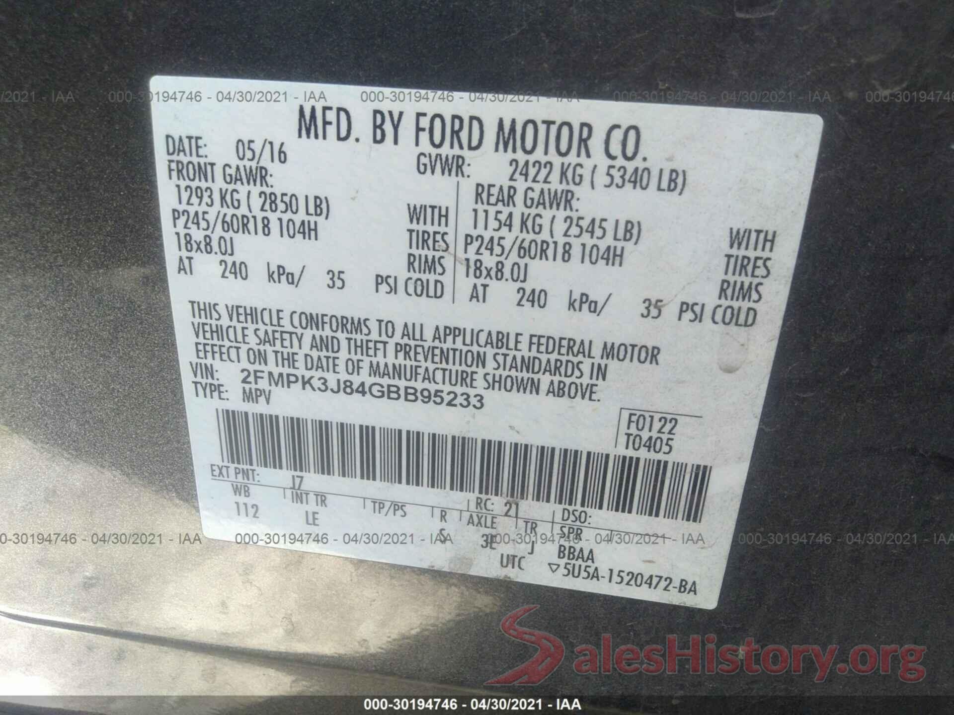 2FMPK3J84GBB95233 2016 FORD EDGE