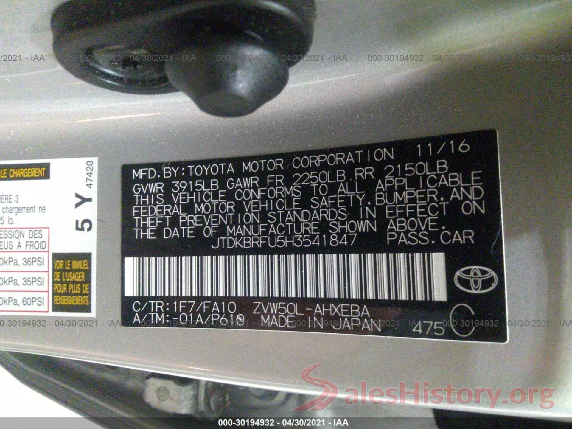 JTDKBRFU5H3541847 2017 TOYOTA PRIUS