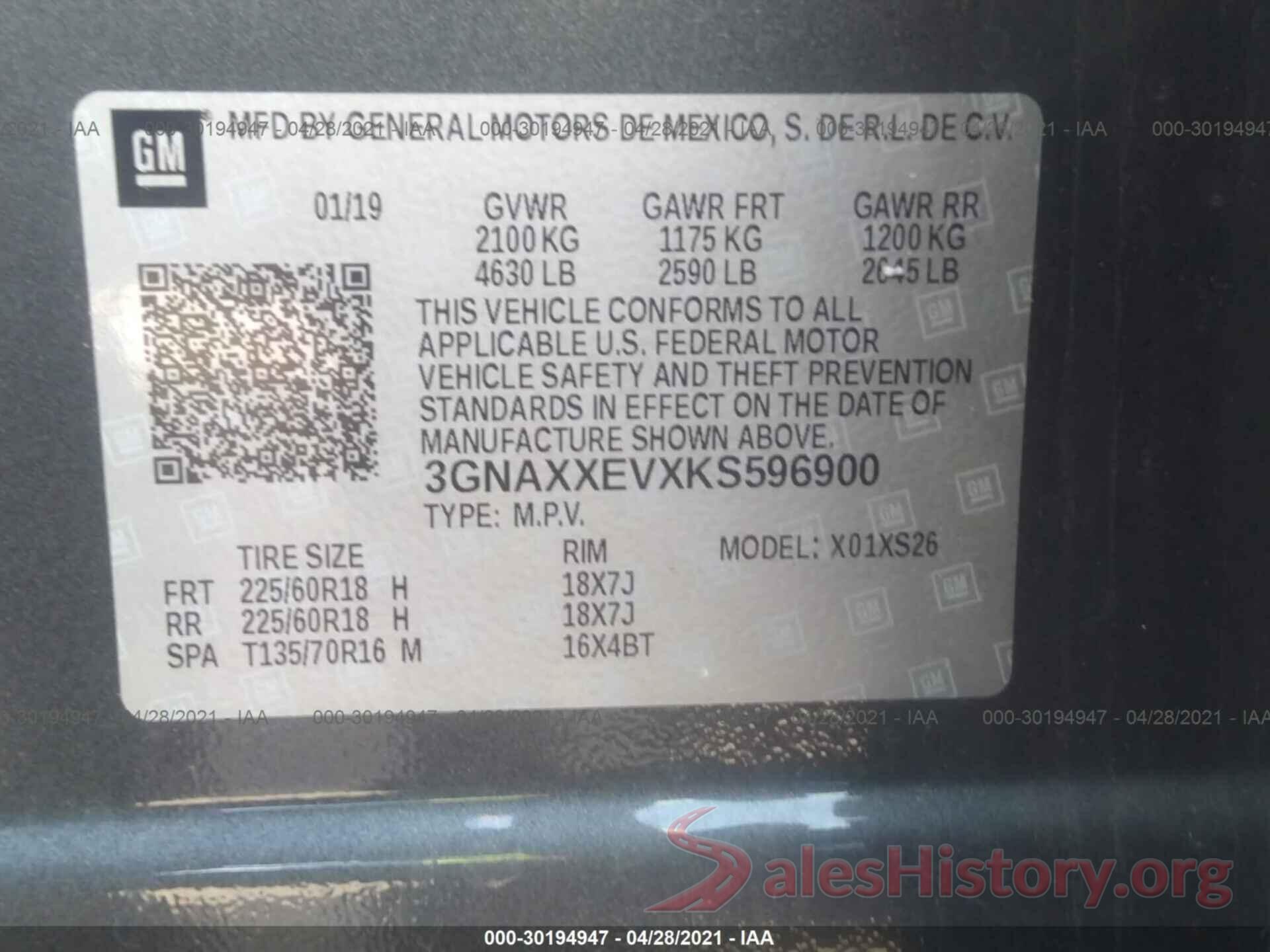 3GNAXXEVXKS596900 2019 CHEVROLET EQUINOX