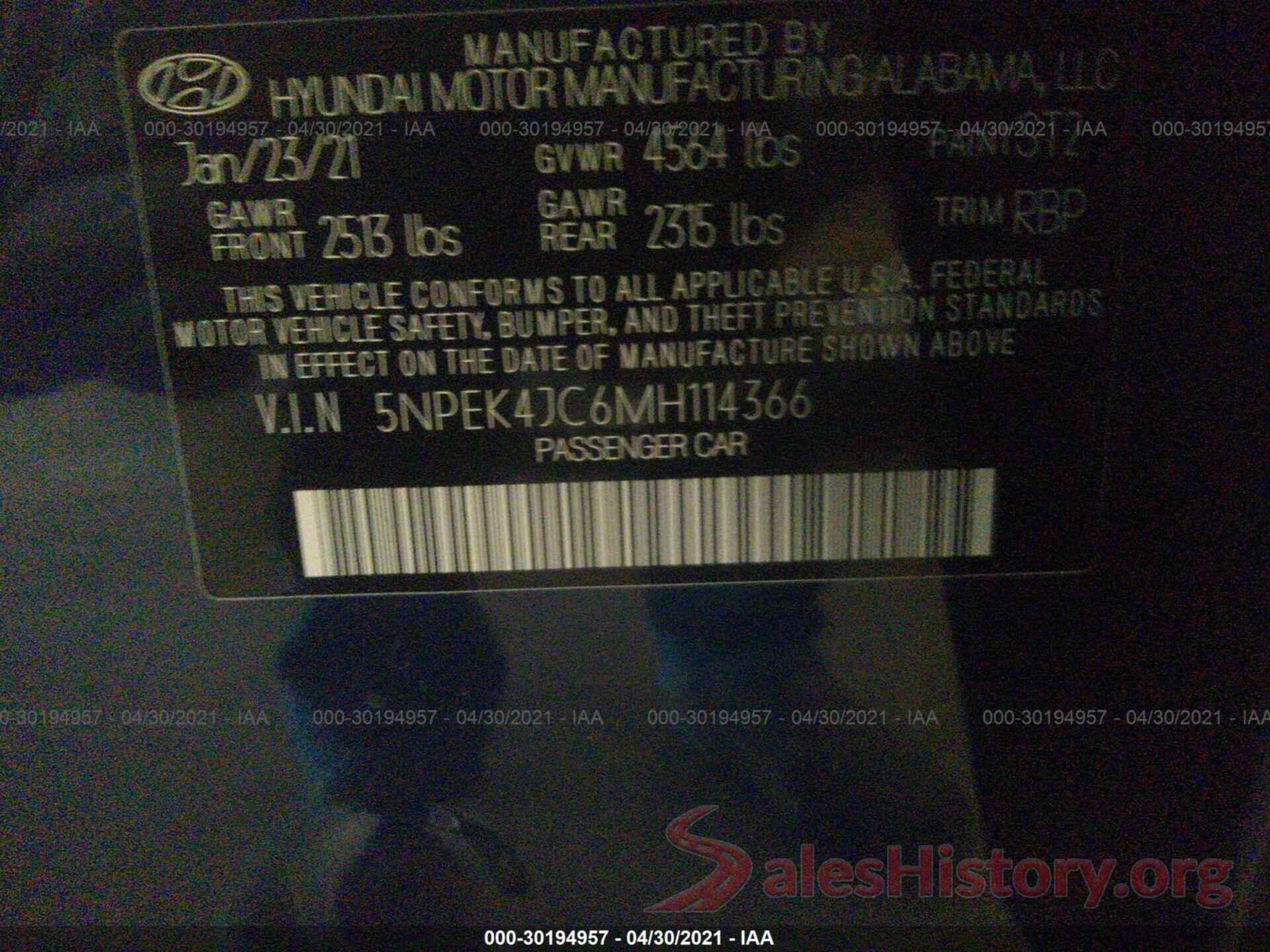 5NPEK4JC6MH114366 2021 HYUNDAI SONATA