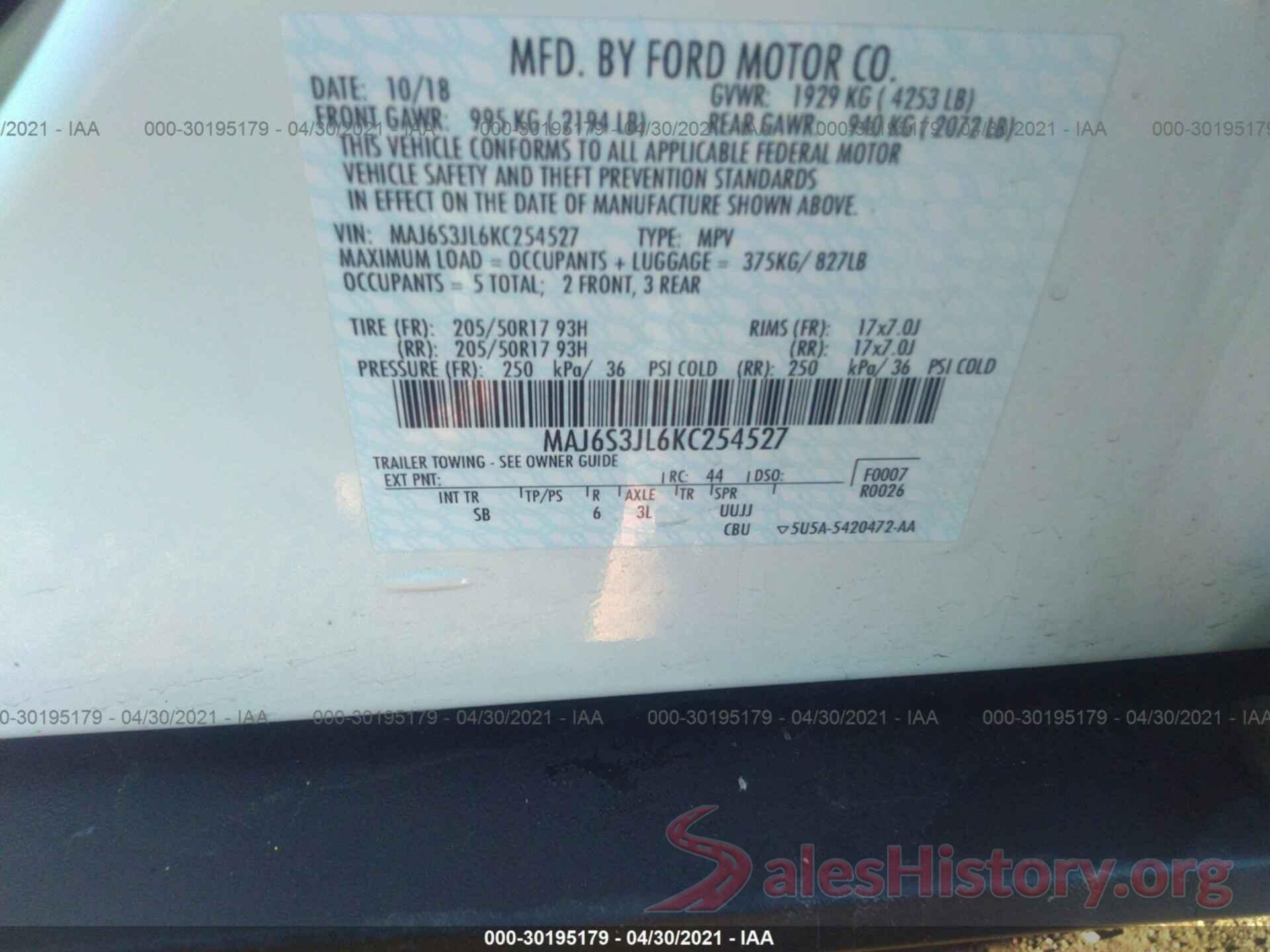 MAJ6S3JL6KC254527 2019 FORD ECOSPORT