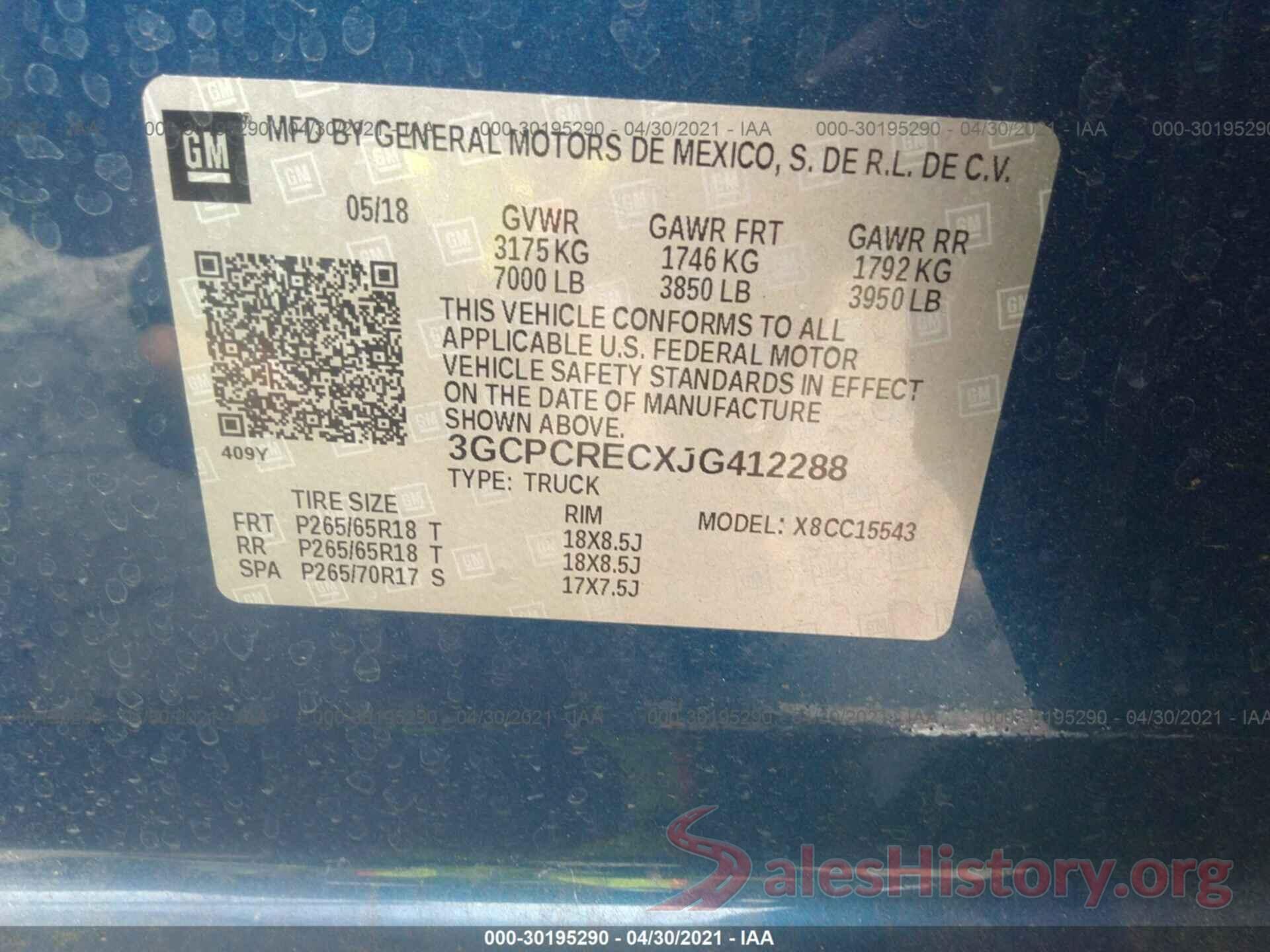 3GCPCRECXJG412288 2018 CHEVROLET SILVERADO 1500