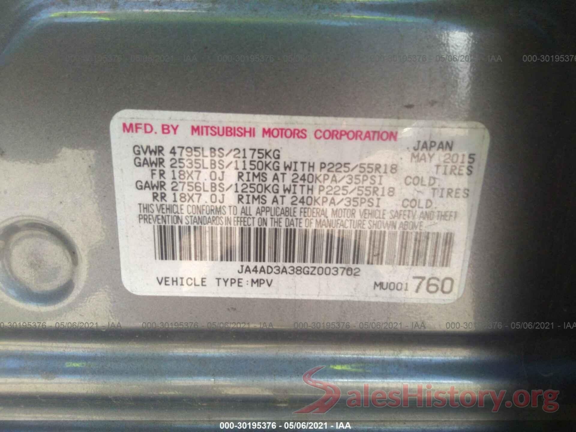 JA4AD3A38GZ003702 2016 MITSUBISHI OUTLANDER