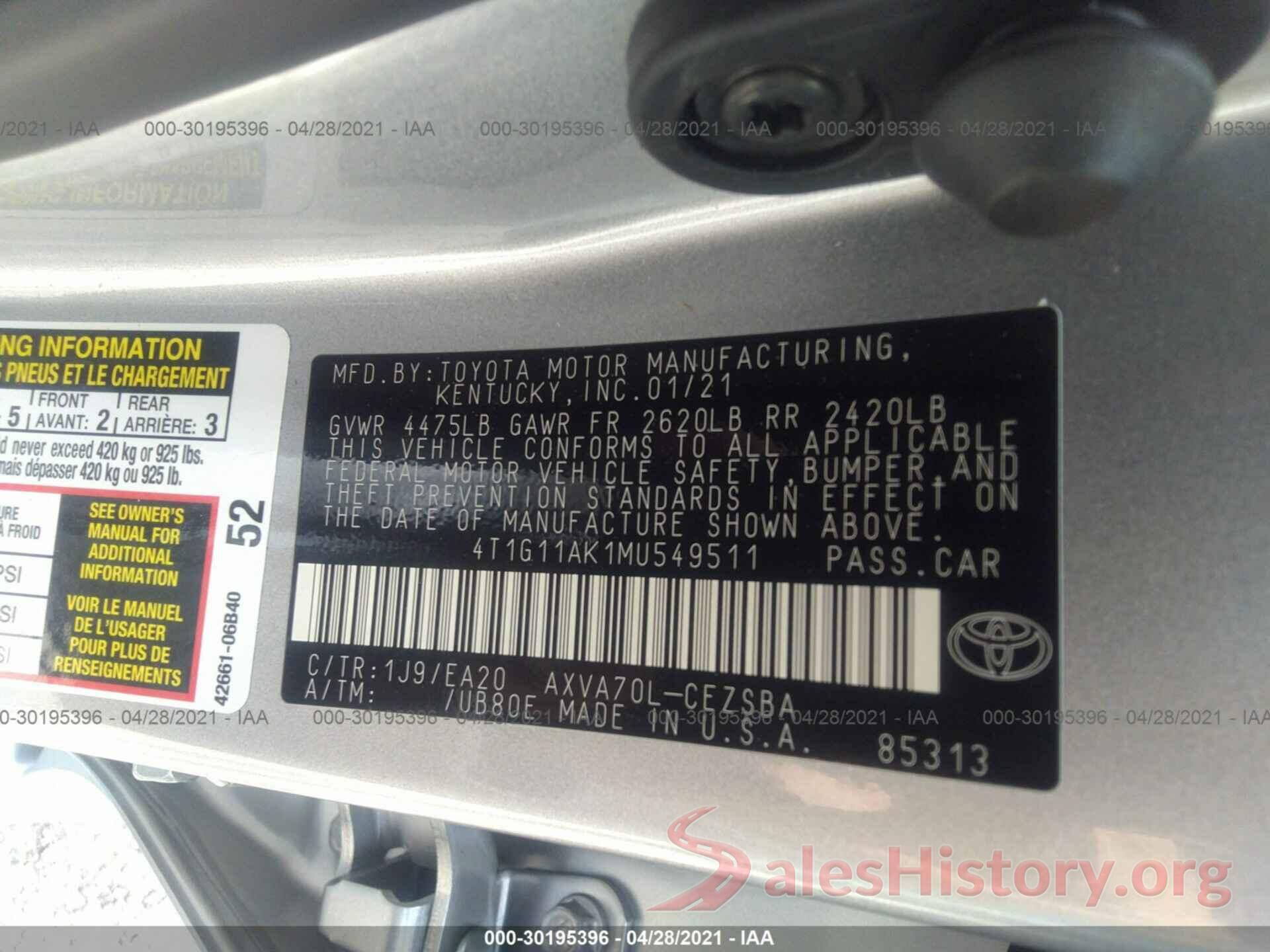 4T1G11AK1MU549511 2021 TOYOTA CAMRY