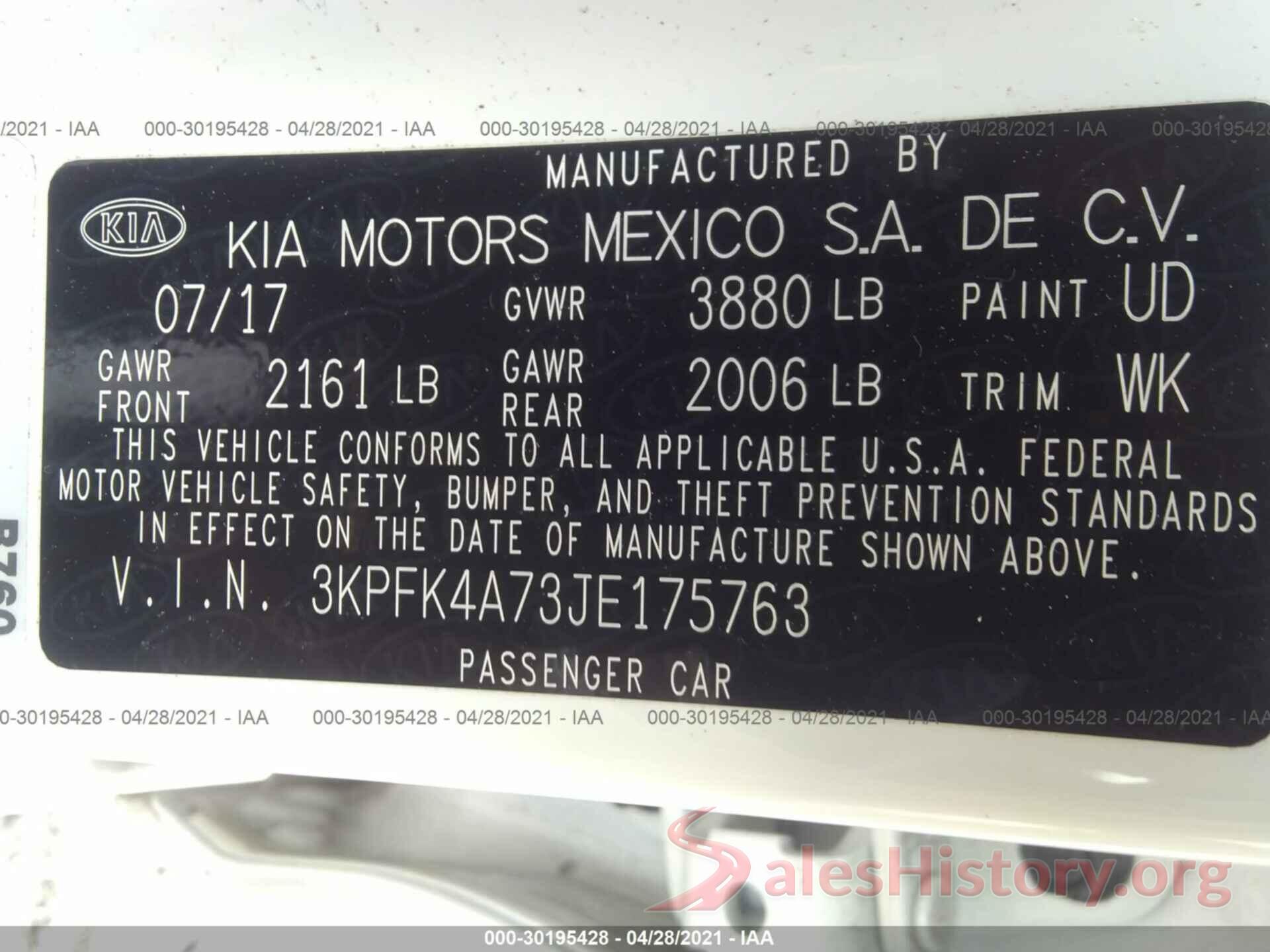 3KPFK4A73JE175763 2018 KIA FORTE