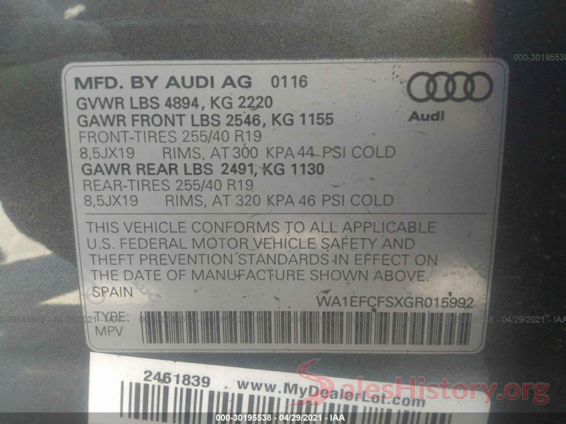 WA1EFCFSXGR015992 2016 AUDI Q3