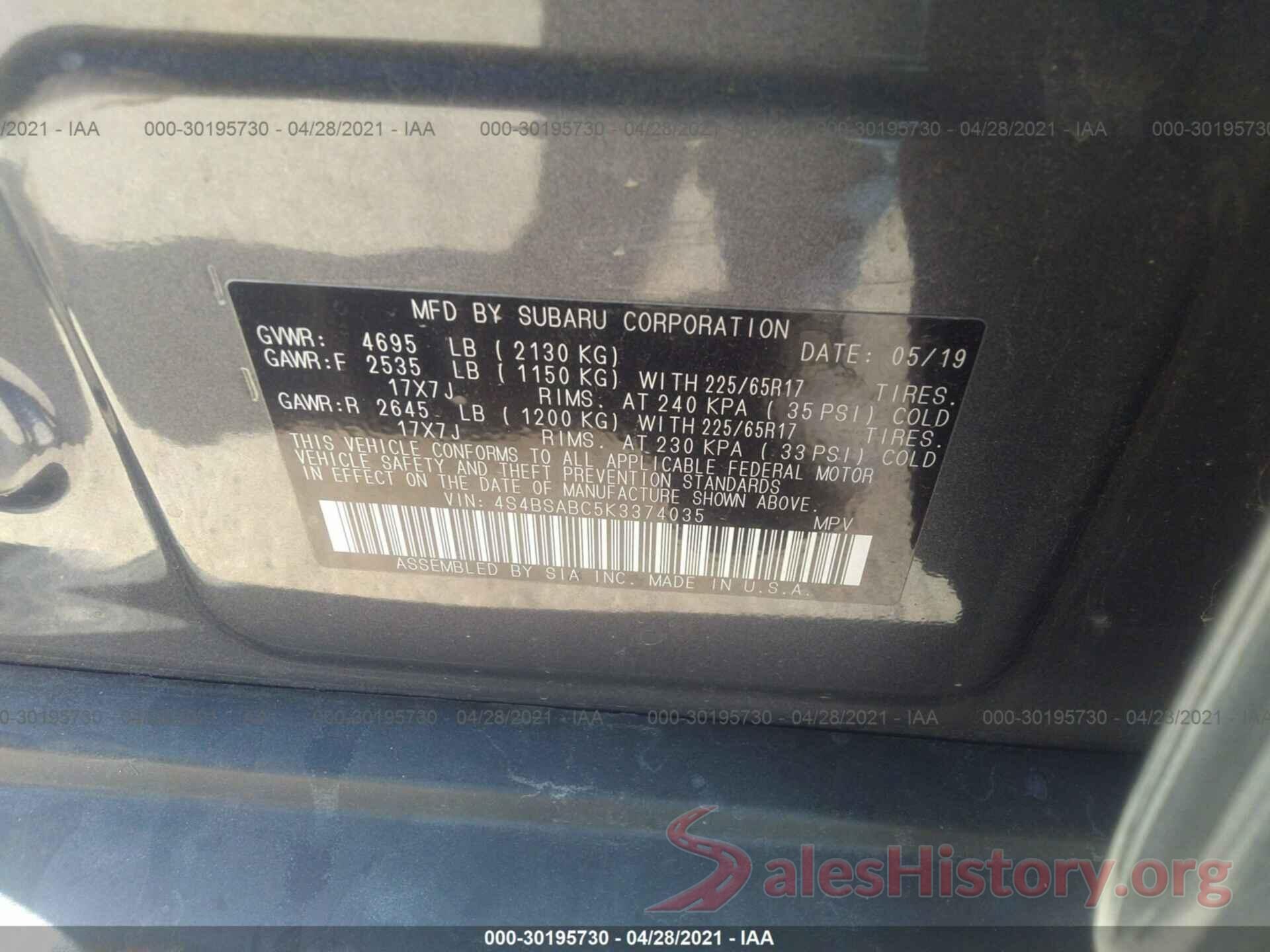 4S4BSABC5K3374035 2019 SUBARU OUTBACK