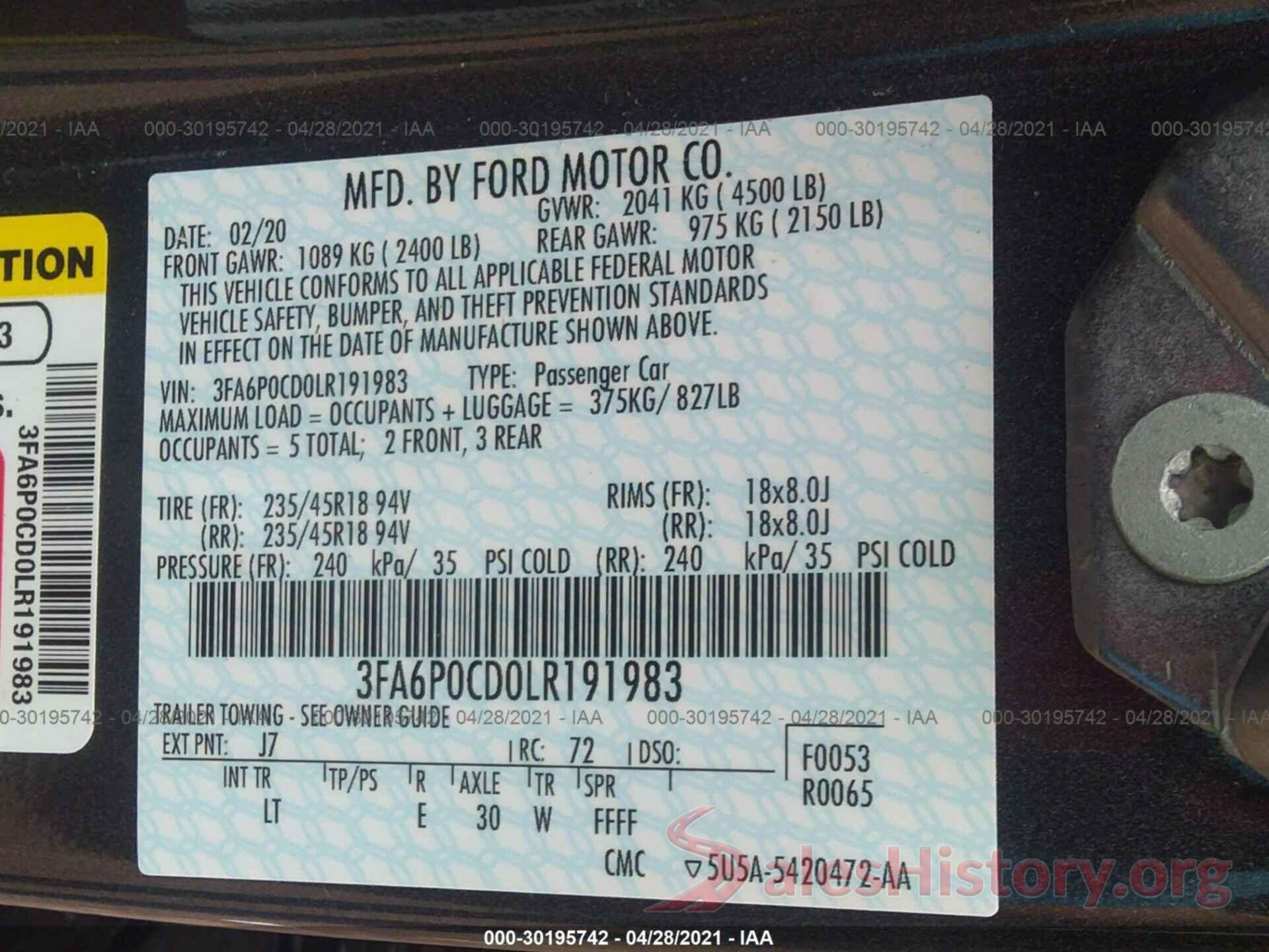 3FA6P0CD0LR191983 2020 FORD FUSION