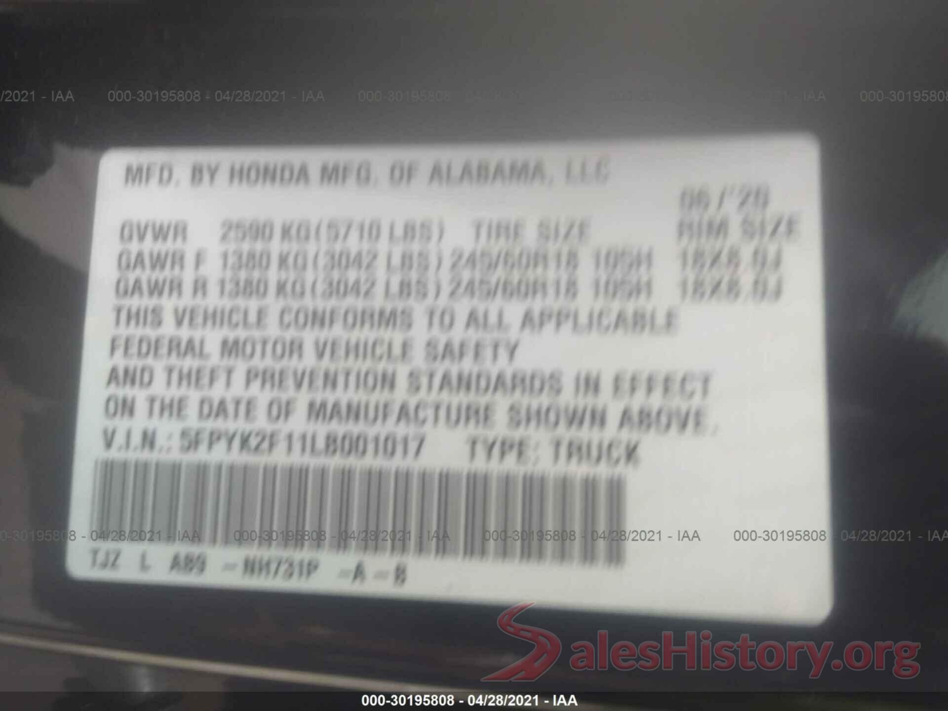 5FPYK2F11LB001017 2020 HONDA RIDGELINE