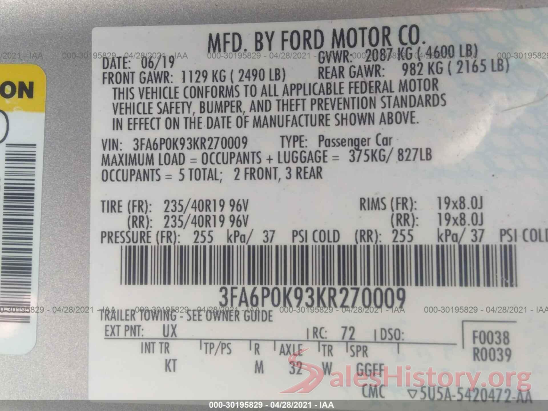 3FA6P0K93KR270009 2019 FORD FUSION