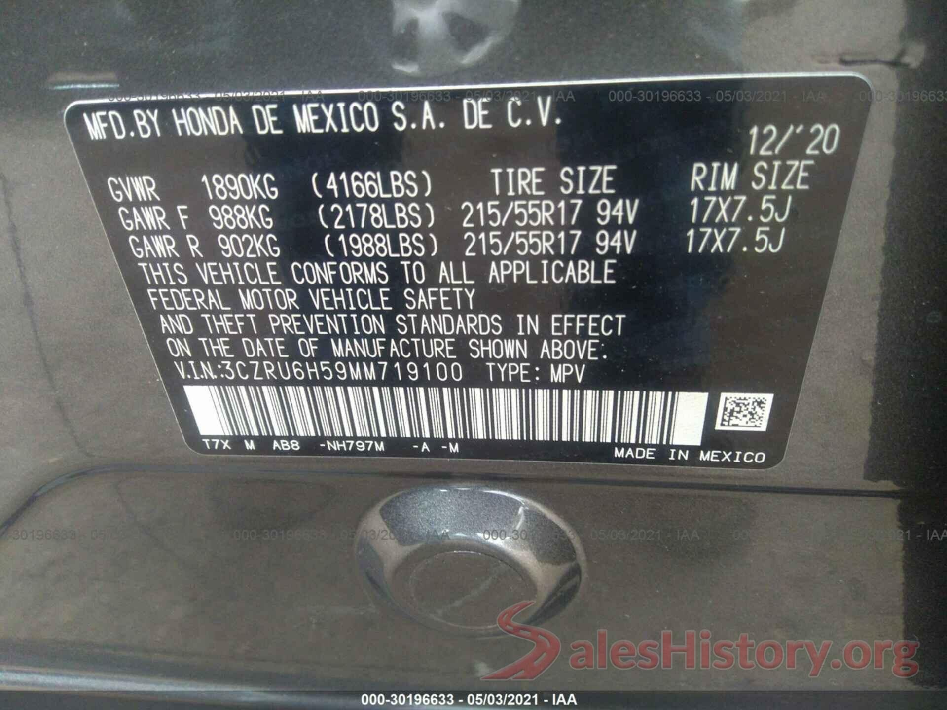 3CZRU6H59MM719100 2021 HONDA HR-V