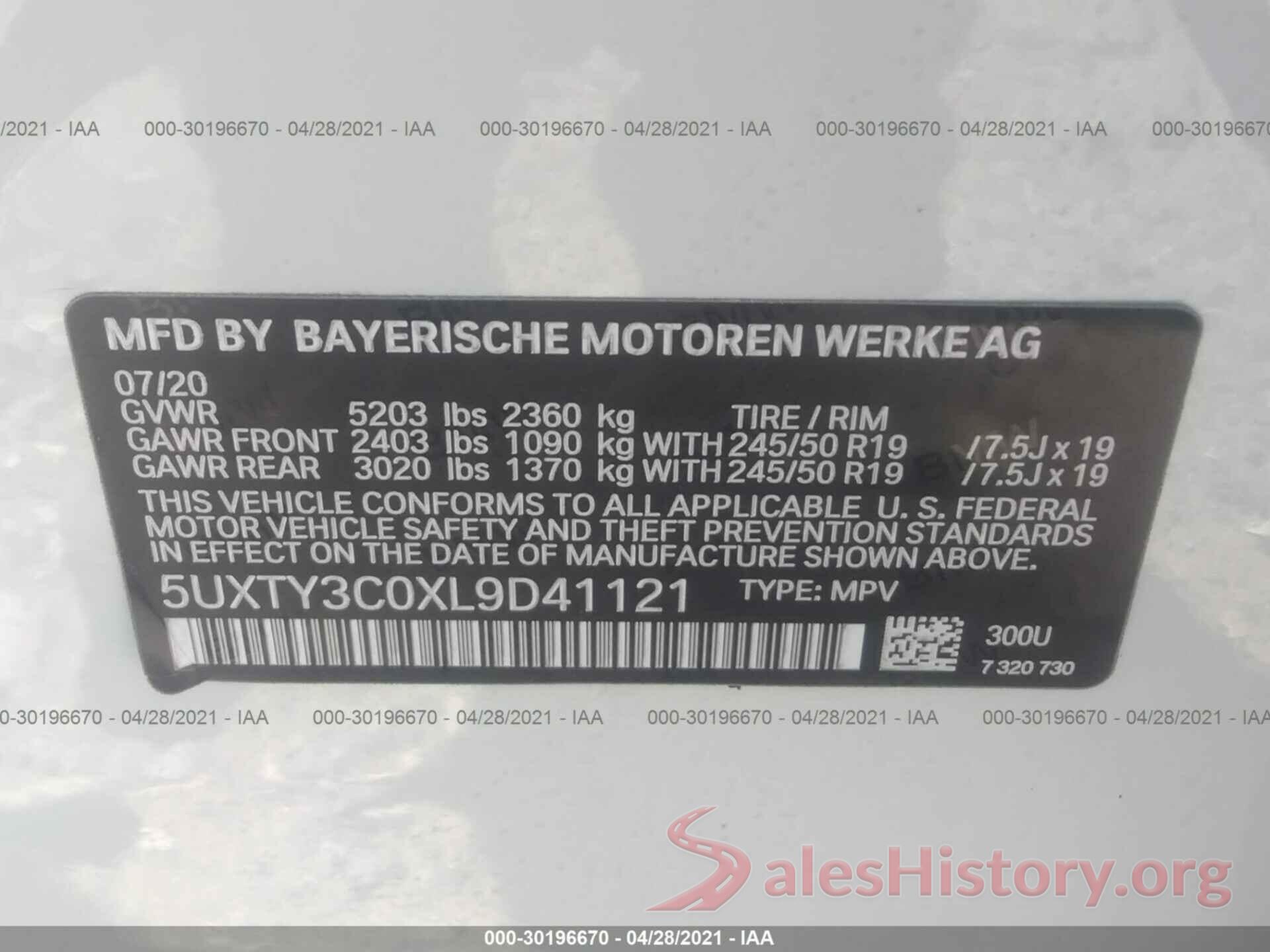 5UXTY3C0XL9D41121 2020 BMW X3