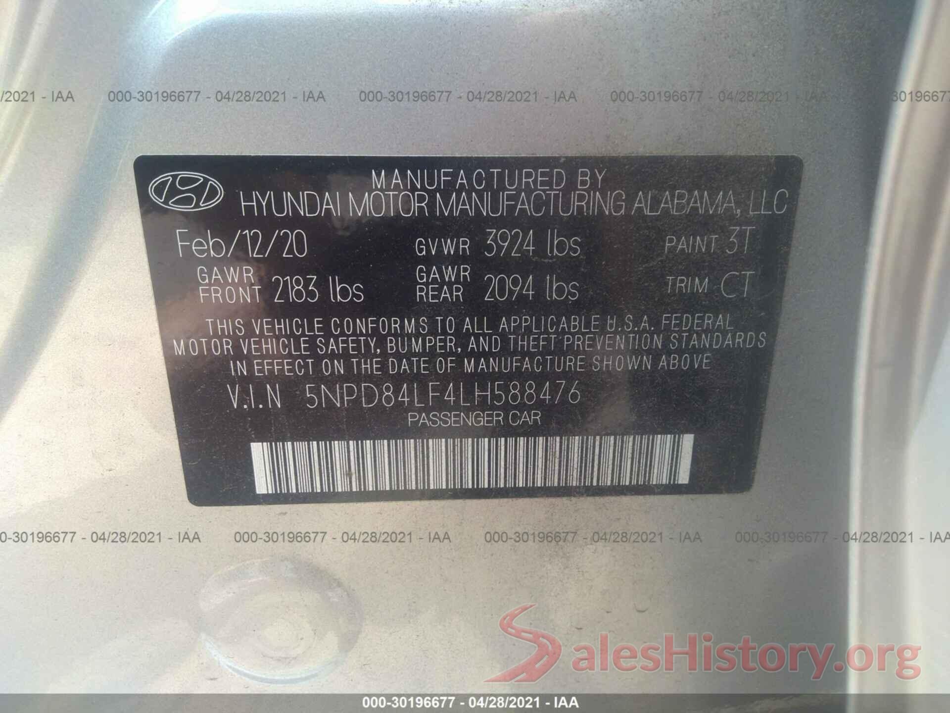 5NPD84LF4LH588476 2020 HYUNDAI ELANTRA