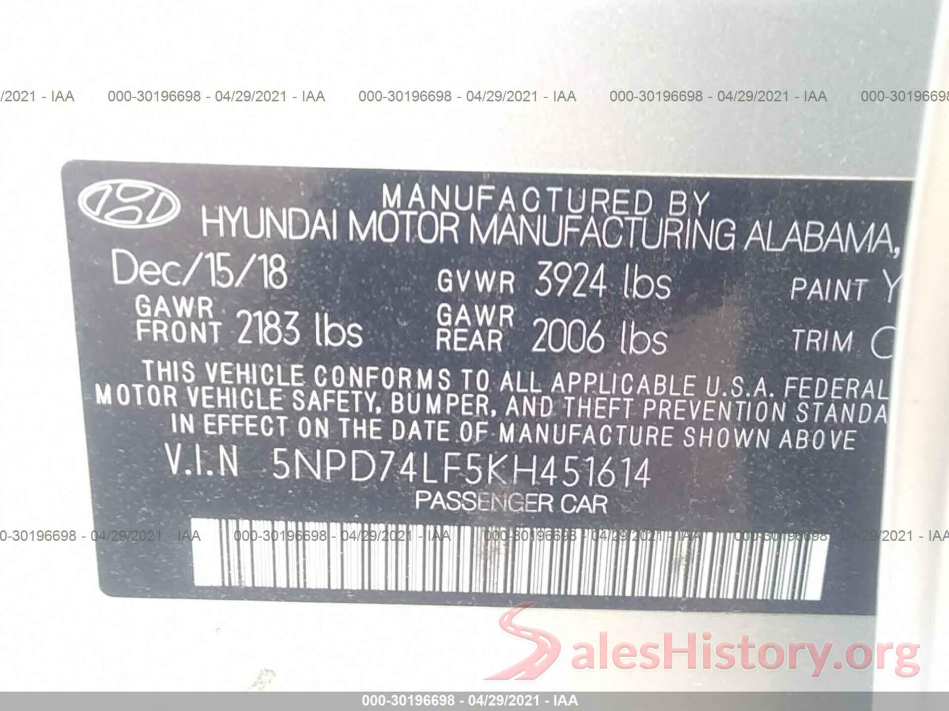 5NPD74LF5KH451614 2019 HYUNDAI ELANTRA