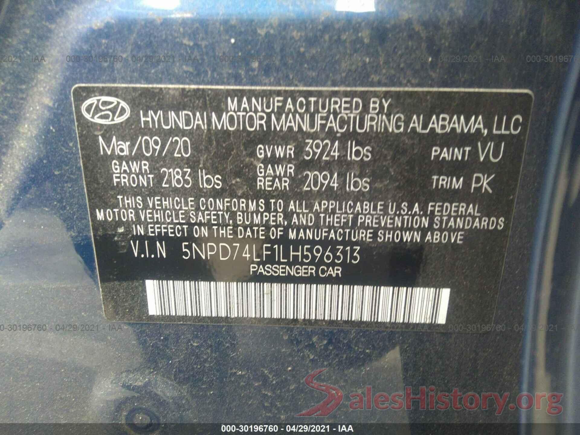 5NPD74LF1LH596313 2020 HYUNDAI ELANTRA