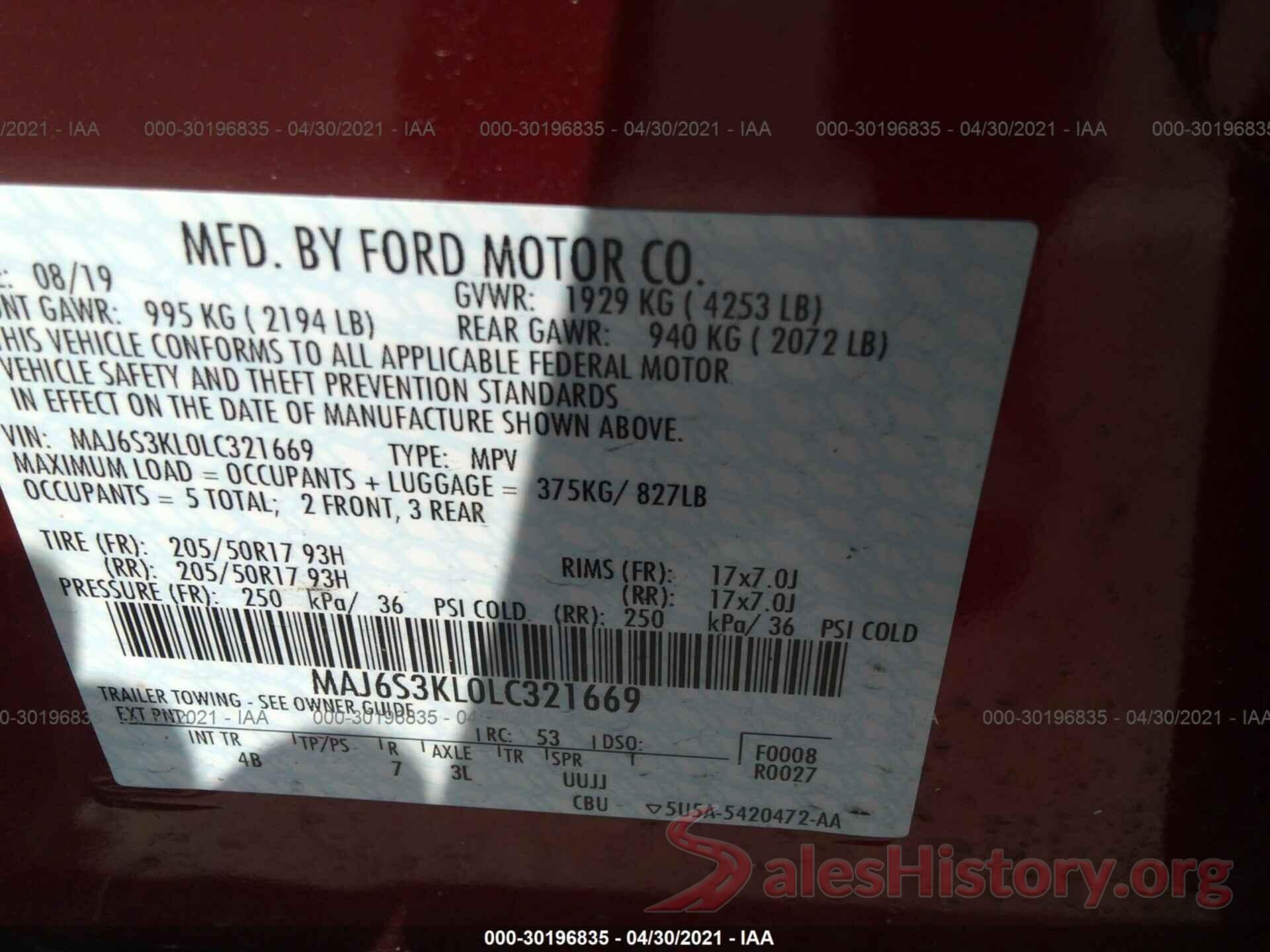 MAJ6S3KL0LC321669 2020 FORD ECOSPORT