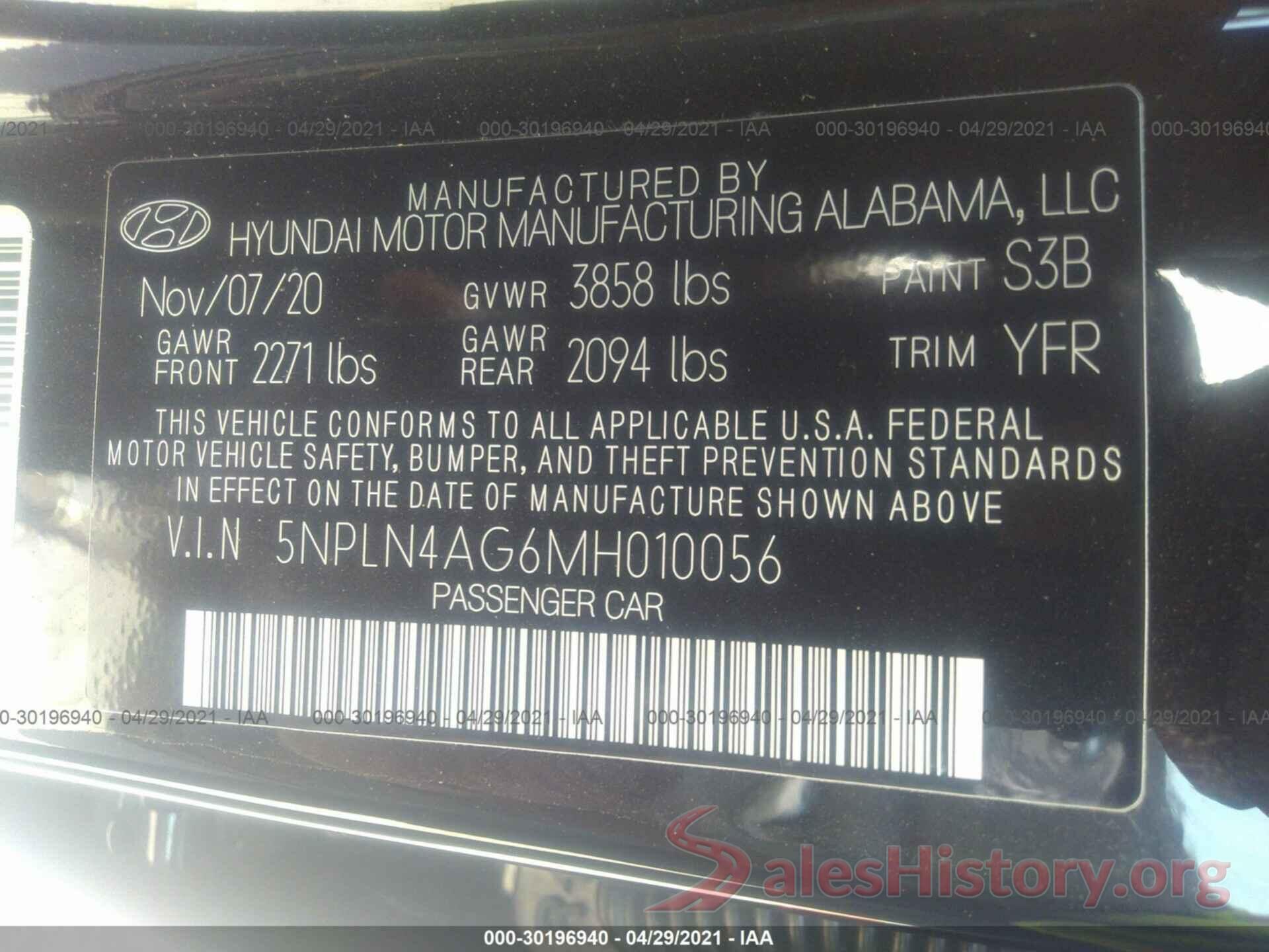 5NPLN4AG6MH010056 2021 HYUNDAI ELANTRA