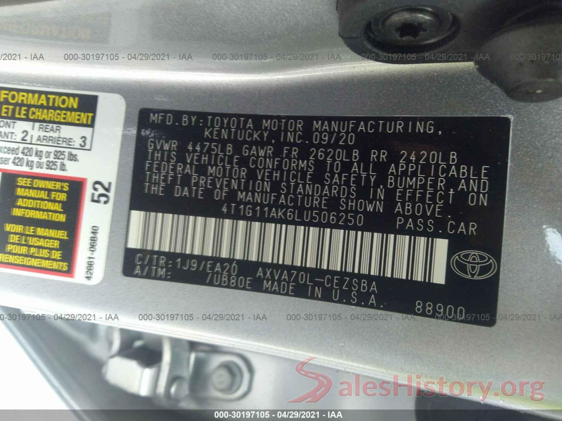 4T1G11AK6LU506250 2020 TOYOTA CAMRY