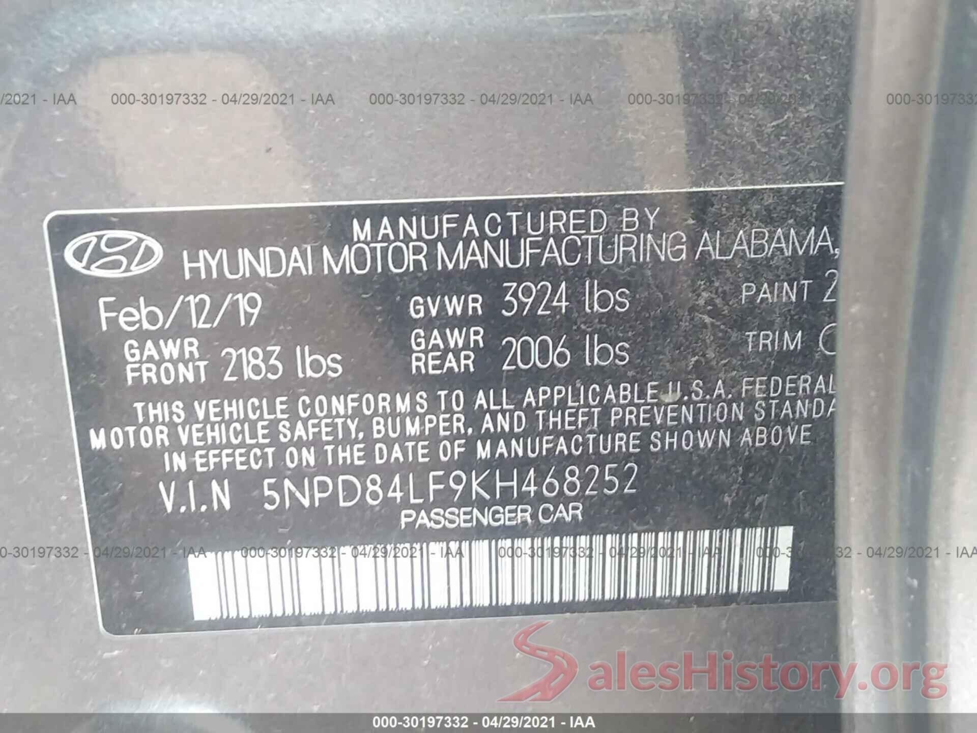 5NPD84LF9KH468252 2019 HYUNDAI ELANTRA