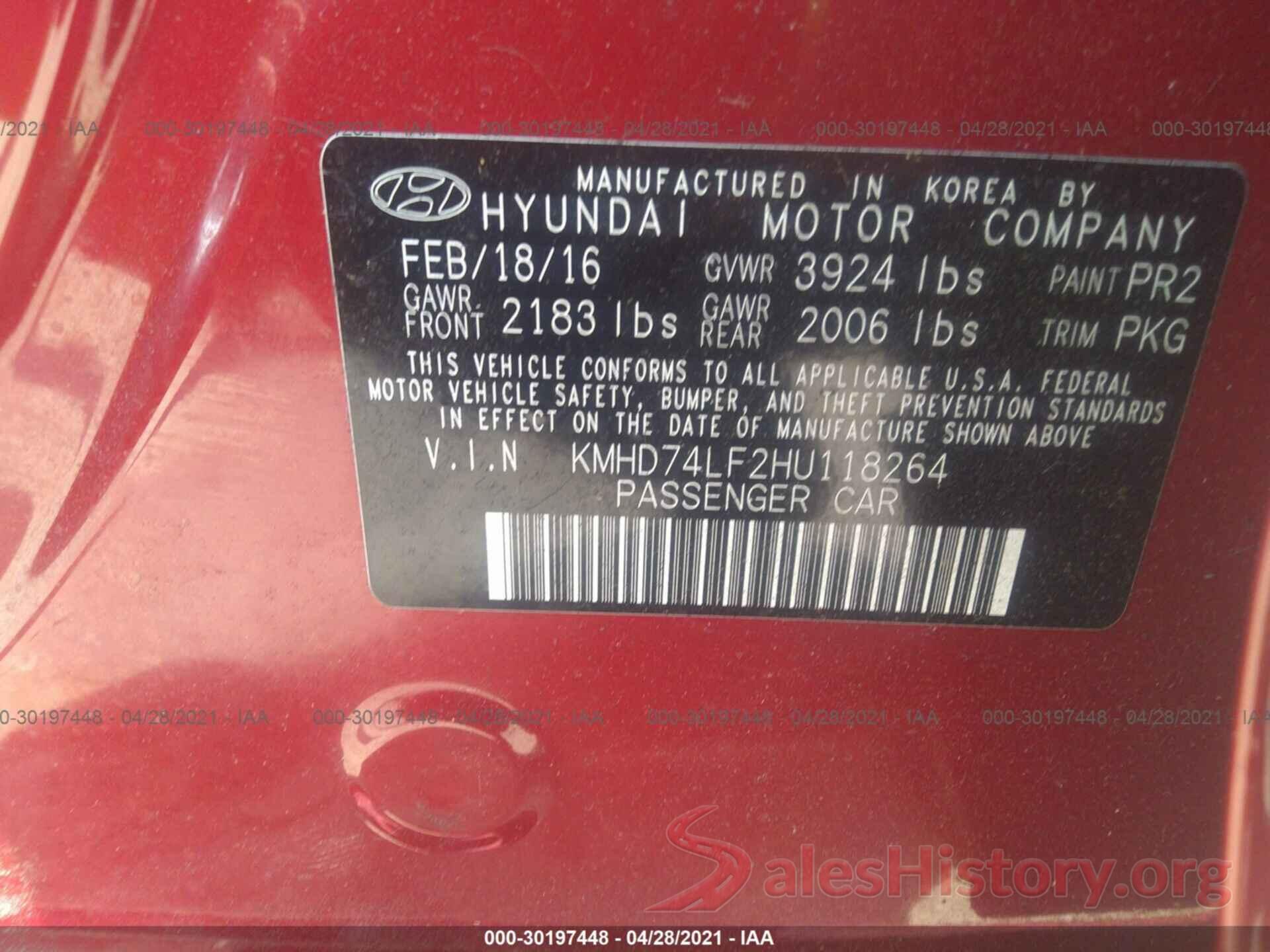 KMHD74LF2HU118264 2017 HYUNDAI ELANTRA