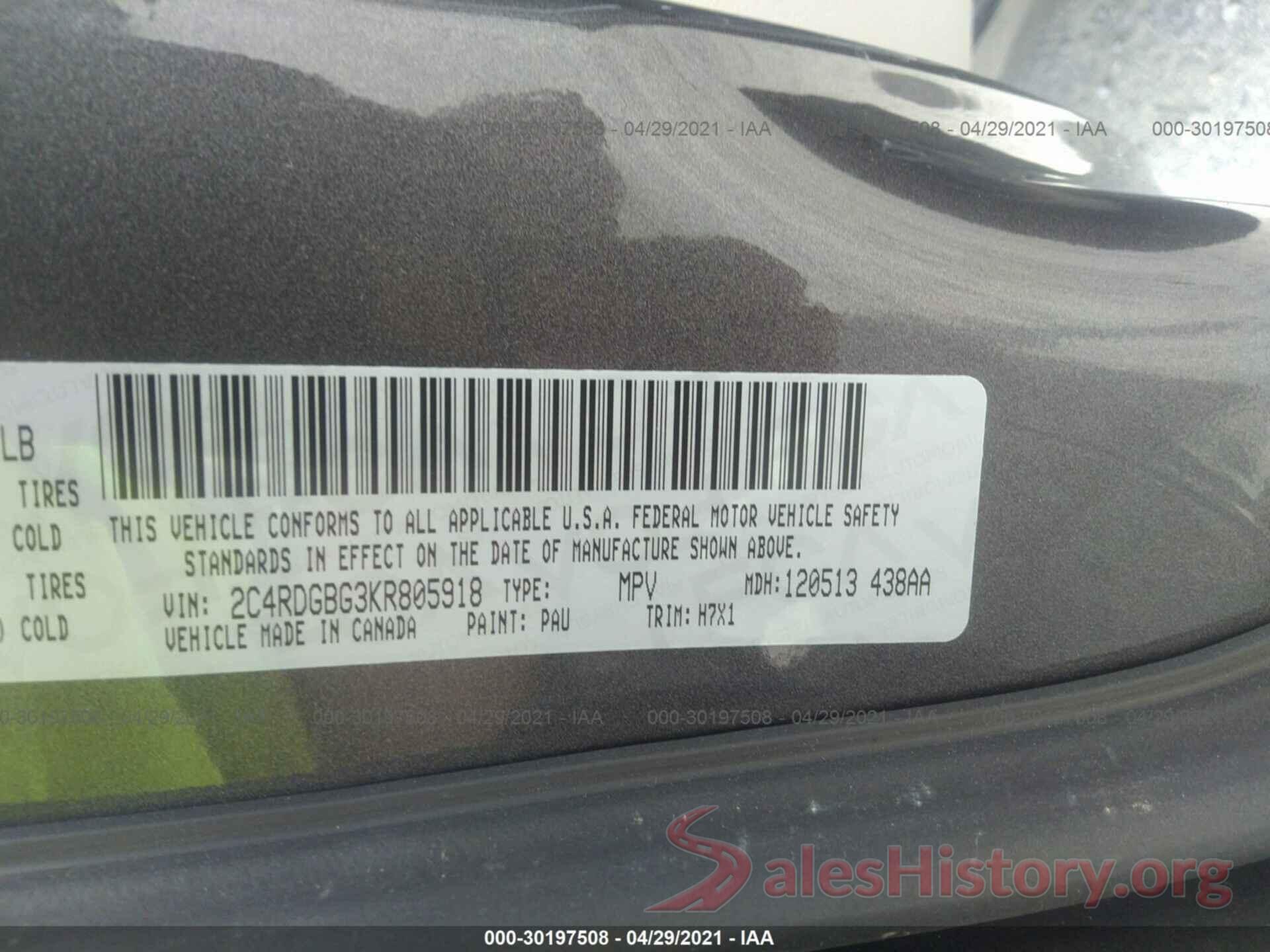 2C4RDGBG3KR805918 2019 DODGE GRAND CARAVAN