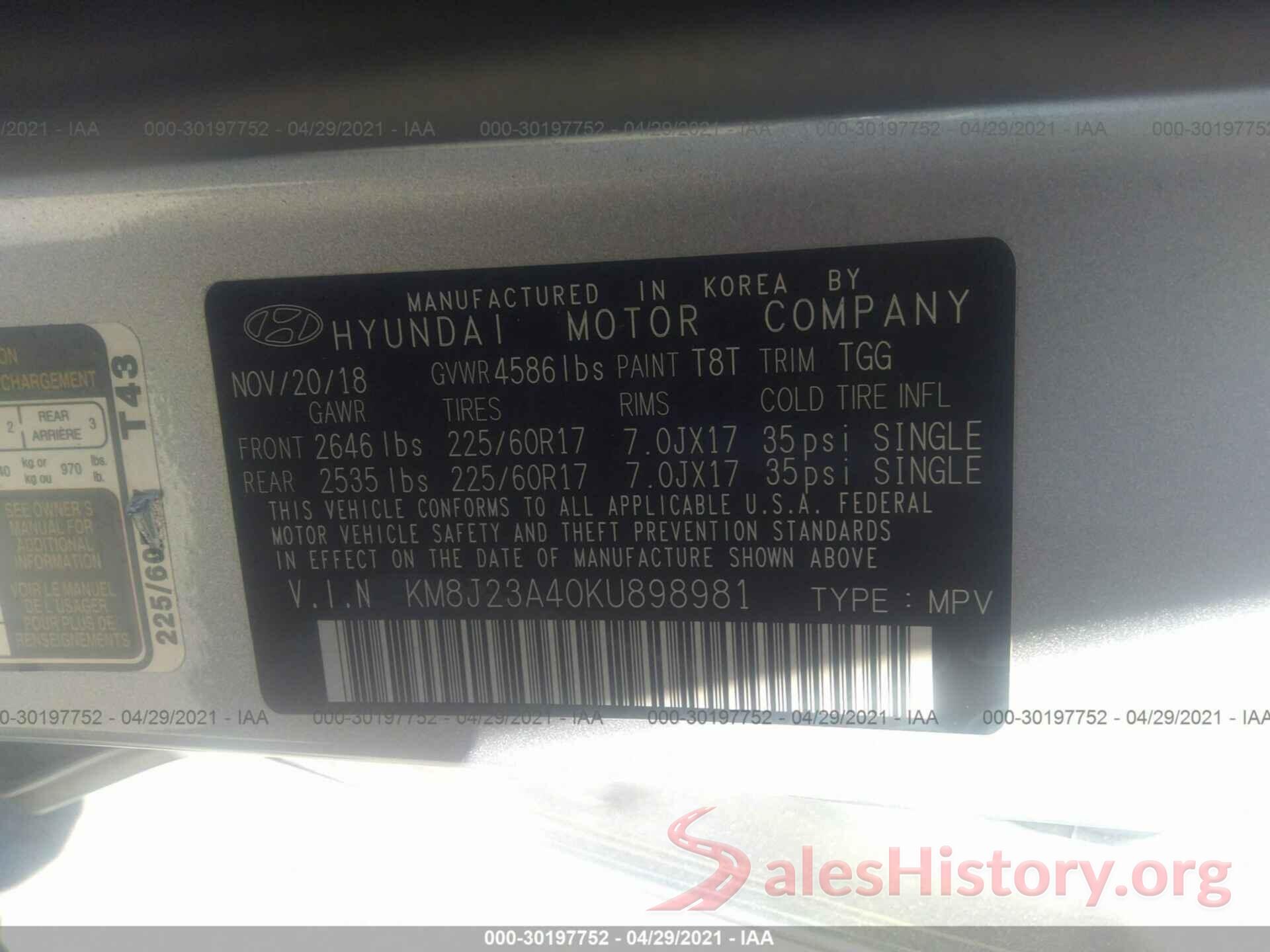 KM8J23A40KU898981 2019 HYUNDAI TUCSON