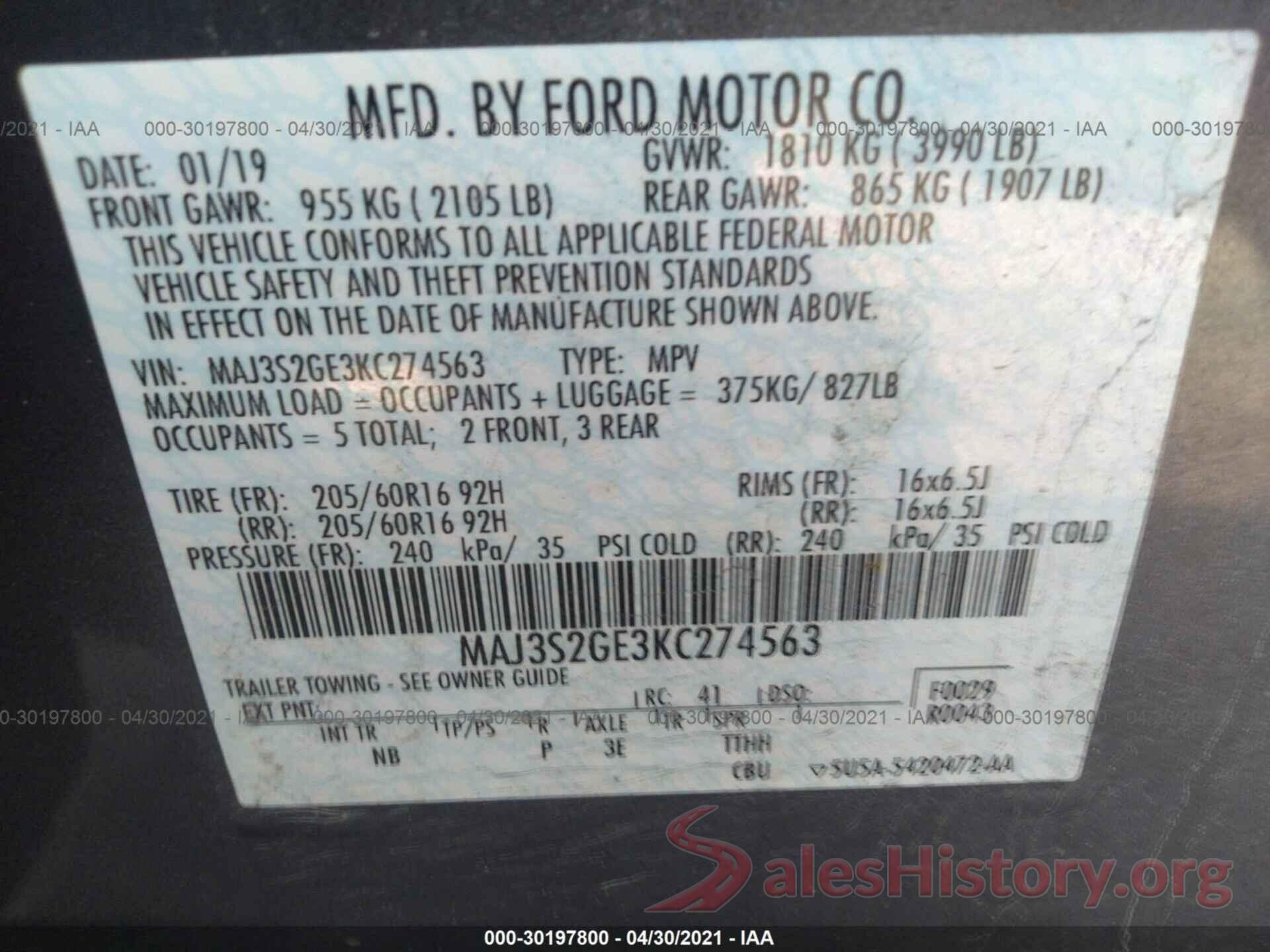 MAJ3S2GE3KC274563 2019 FORD ECOSPORT