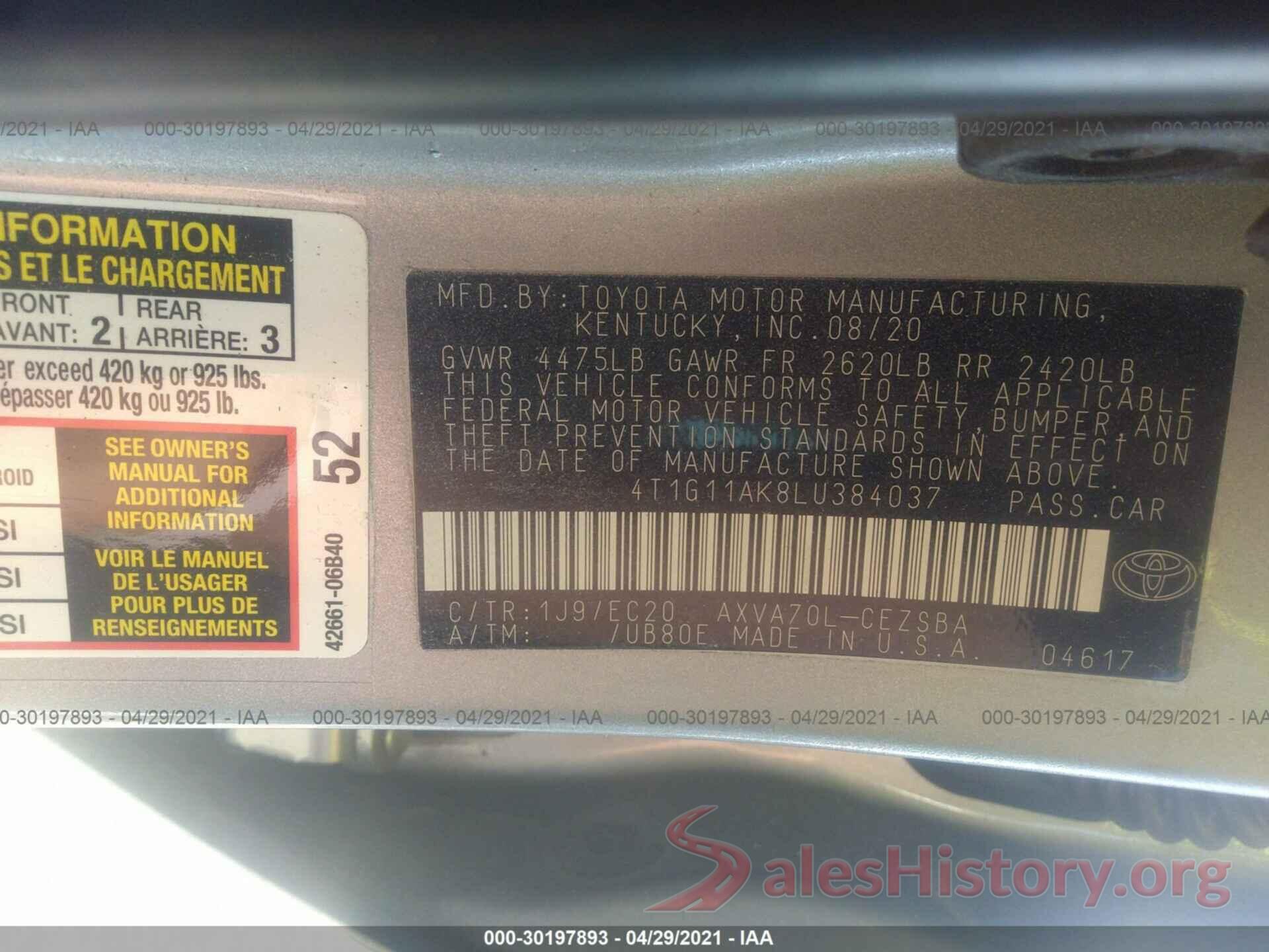 4T1G11AK8LU384037 2020 TOYOTA CAMRY