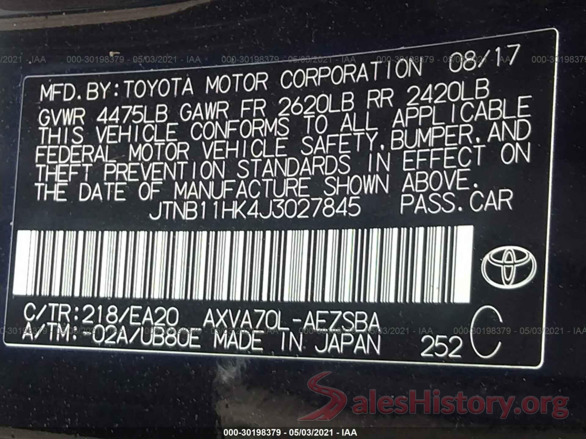 JTNB11HK4J3027845 2018 TOYOTA CAMRY