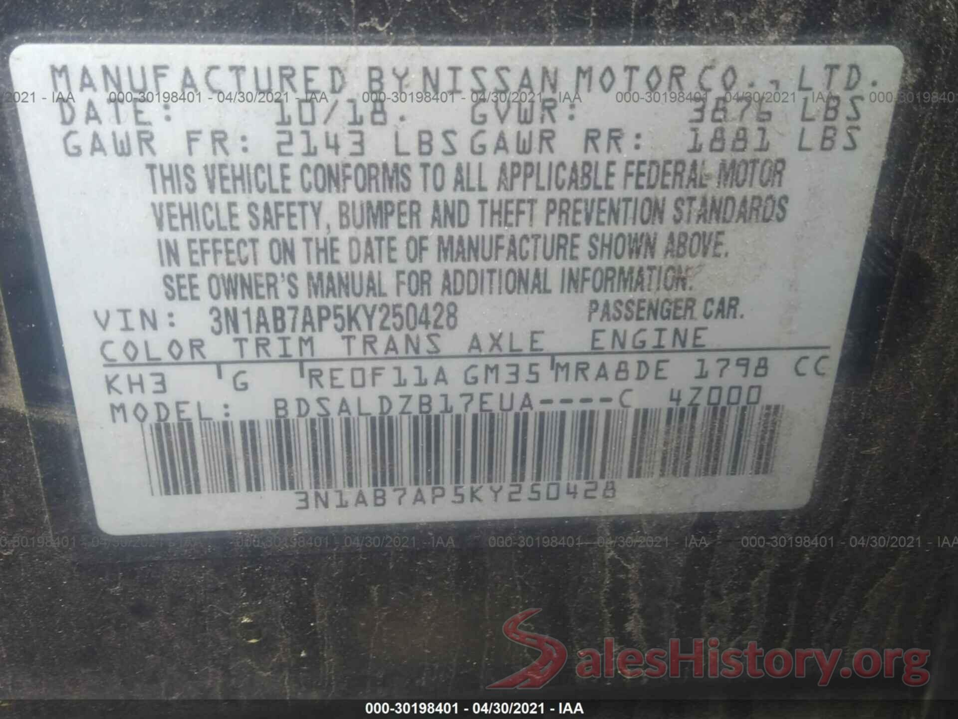 3N1AB7AP5KY250428 2019 NISSAN SENTRA