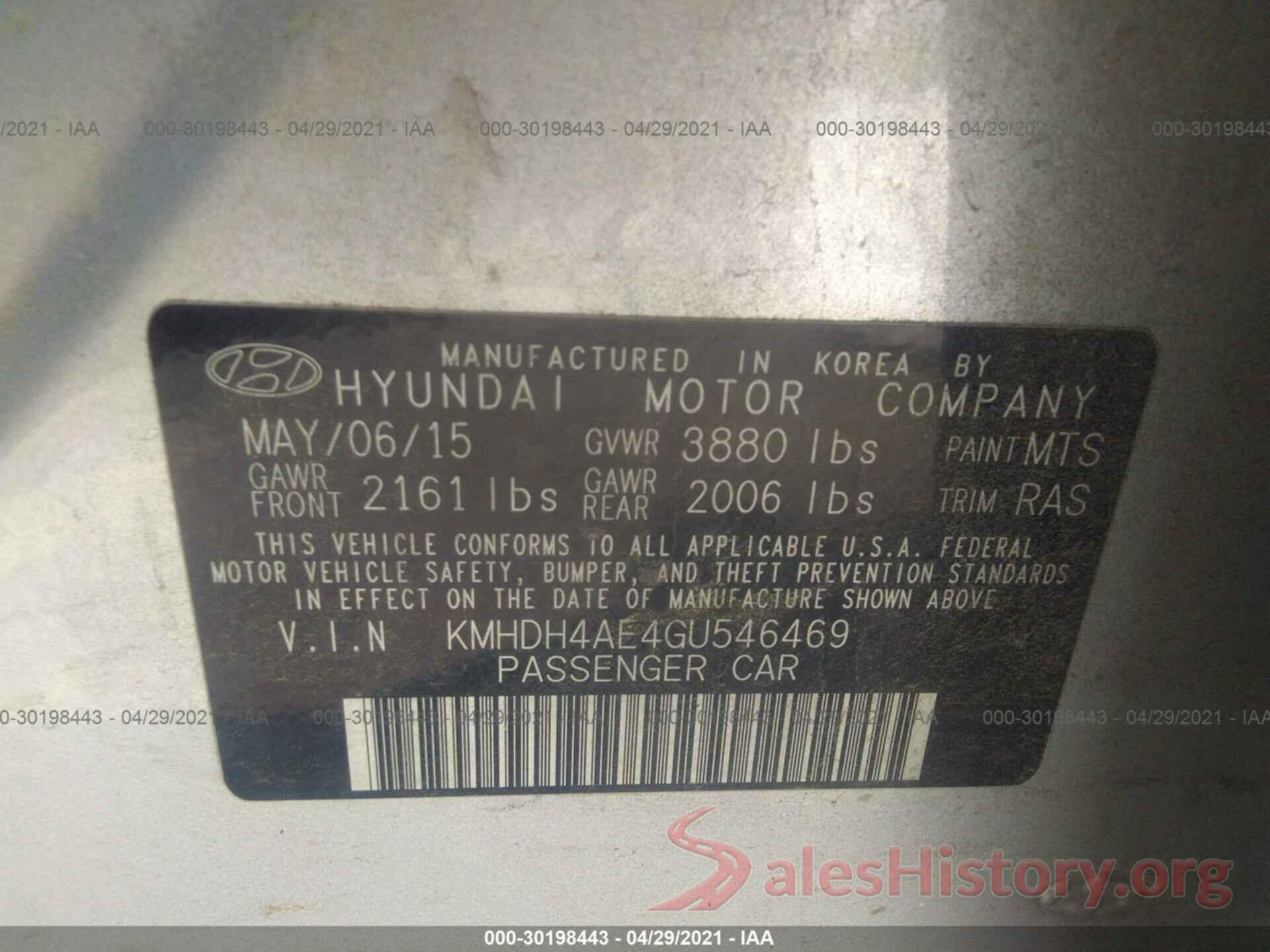 KMHDH4AE4GU546469 2016 HYUNDAI ELANTRA