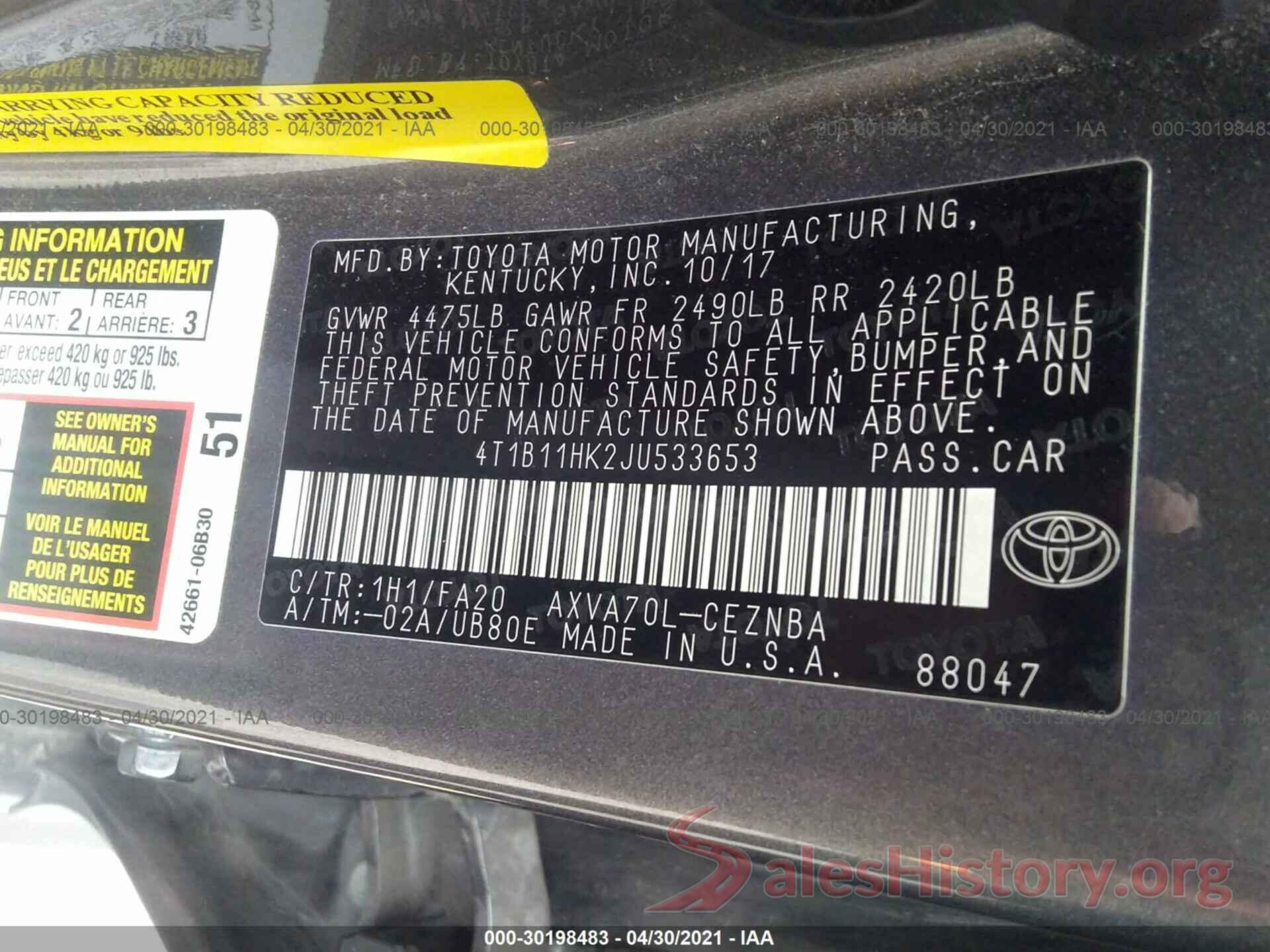 4T1B11HK2JU533653 2018 TOYOTA CAMRY