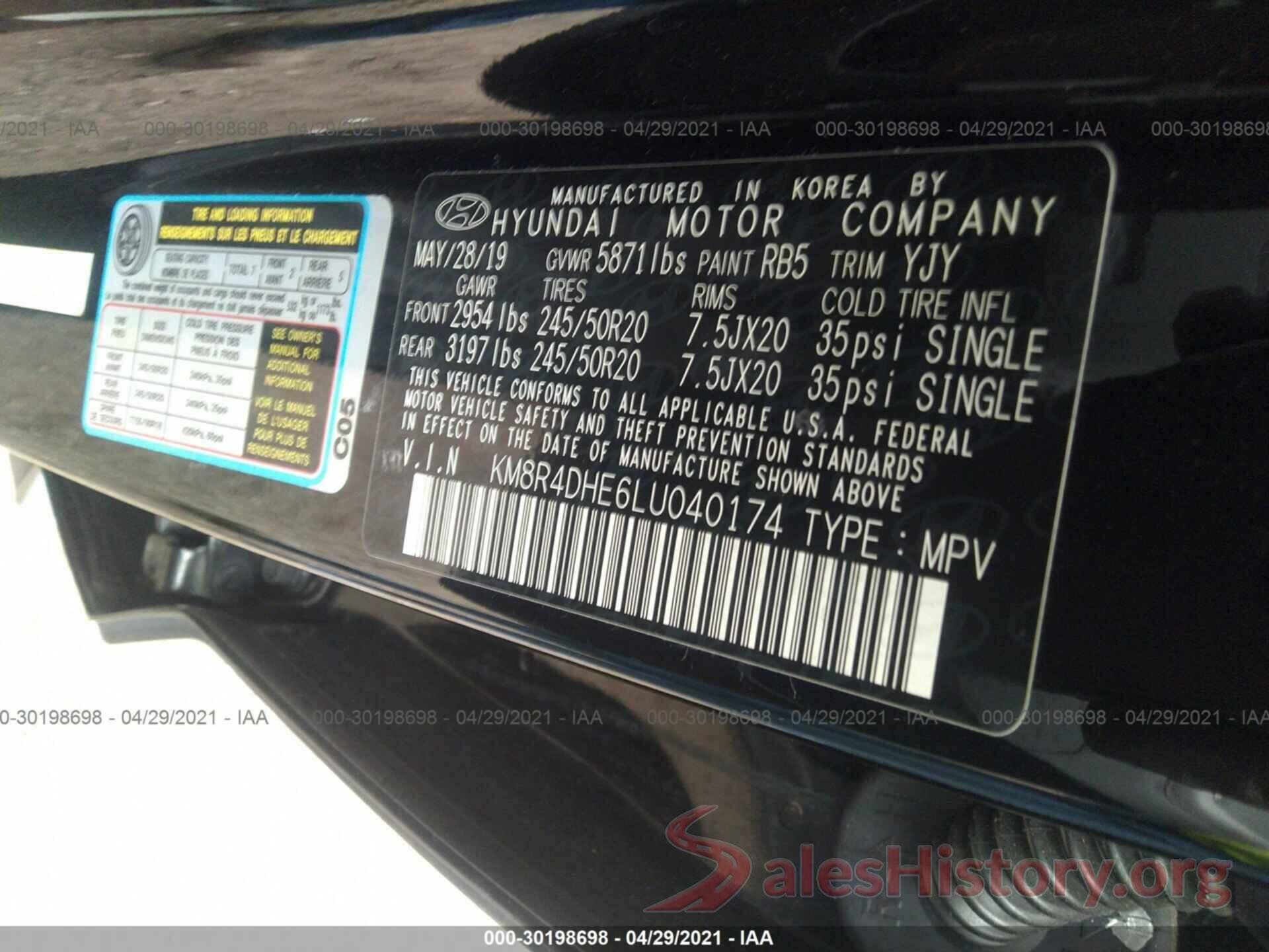 KM8R4DHE6LU040174 2020 HYUNDAI PALISADE