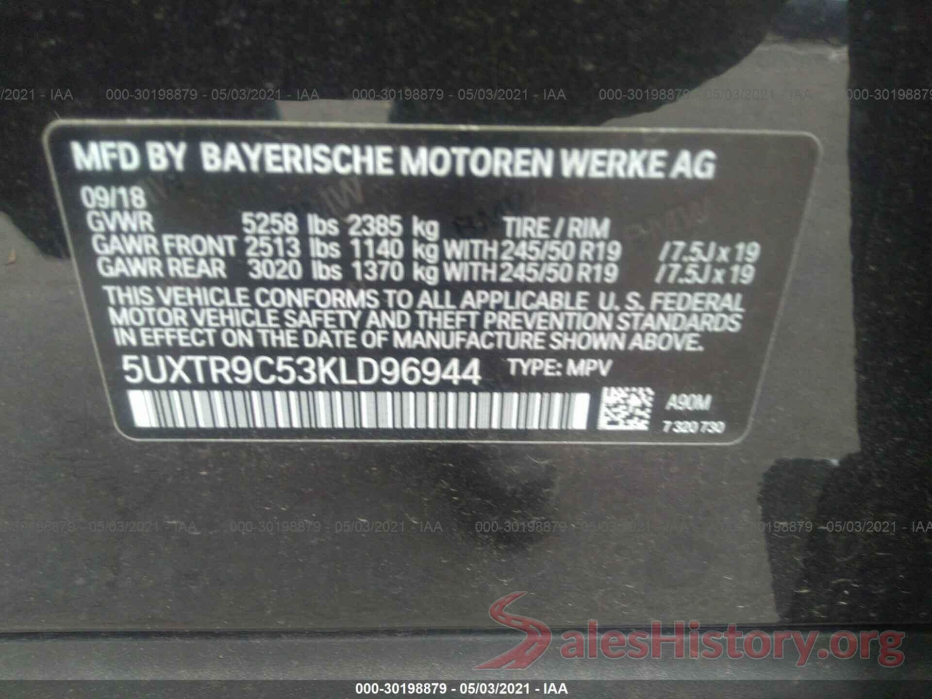 5UXTR9C53KLD96944 2019 BMW X3