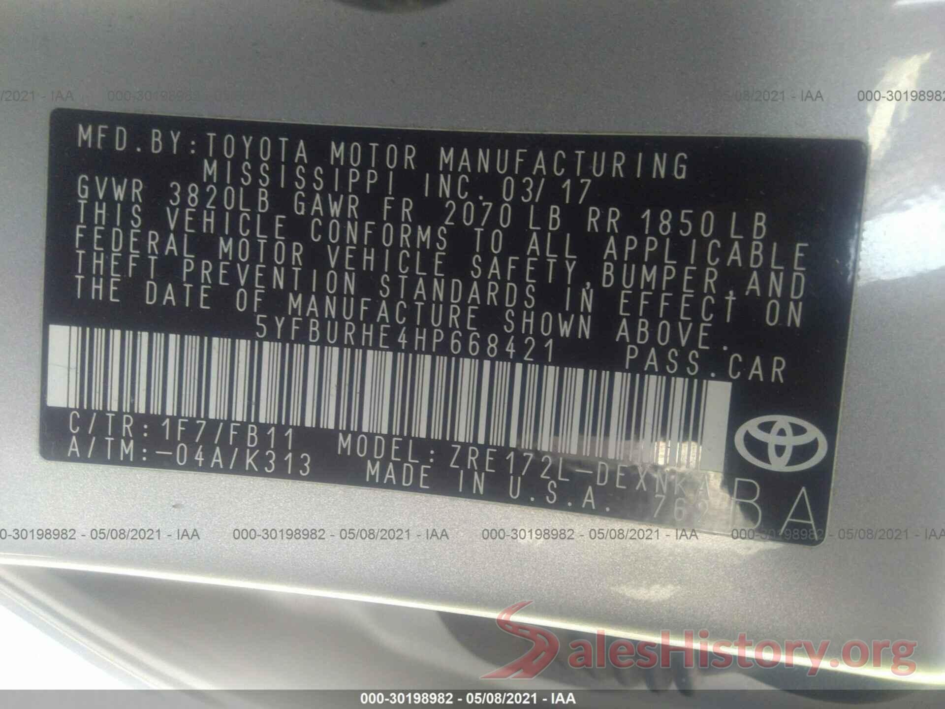 5YFBURHE4HP668421 2017 TOYOTA COROLLA