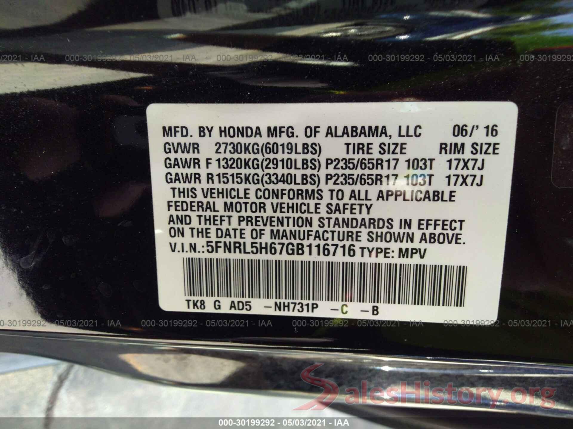 5FNRL5H67GB116716 2016 HONDA ODYSSEY