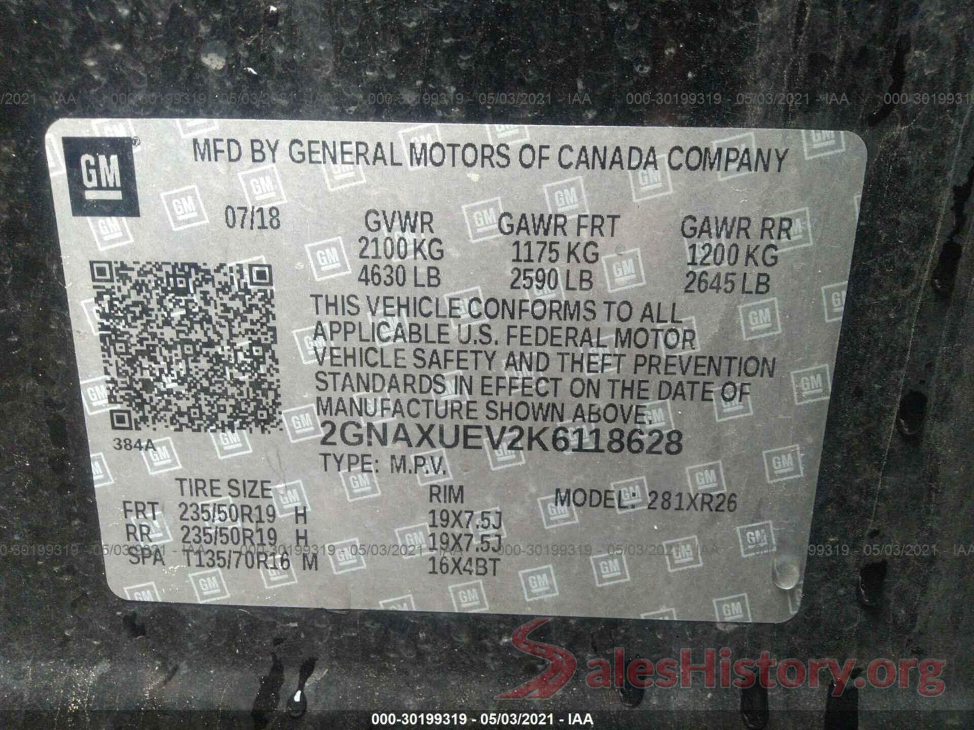 2GNAXUEV2K6118628 2019 CHEVROLET EQUINOX