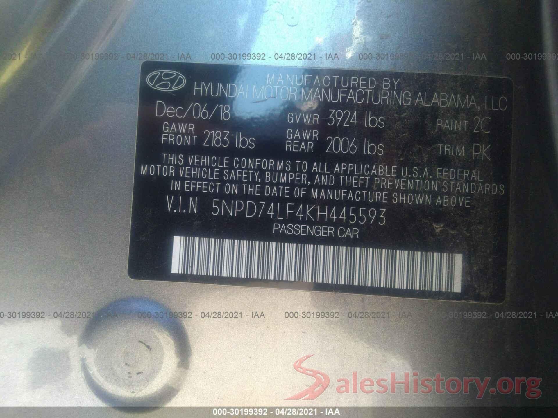 5NPD74LF4KH445593 2019 HYUNDAI ELANTRA