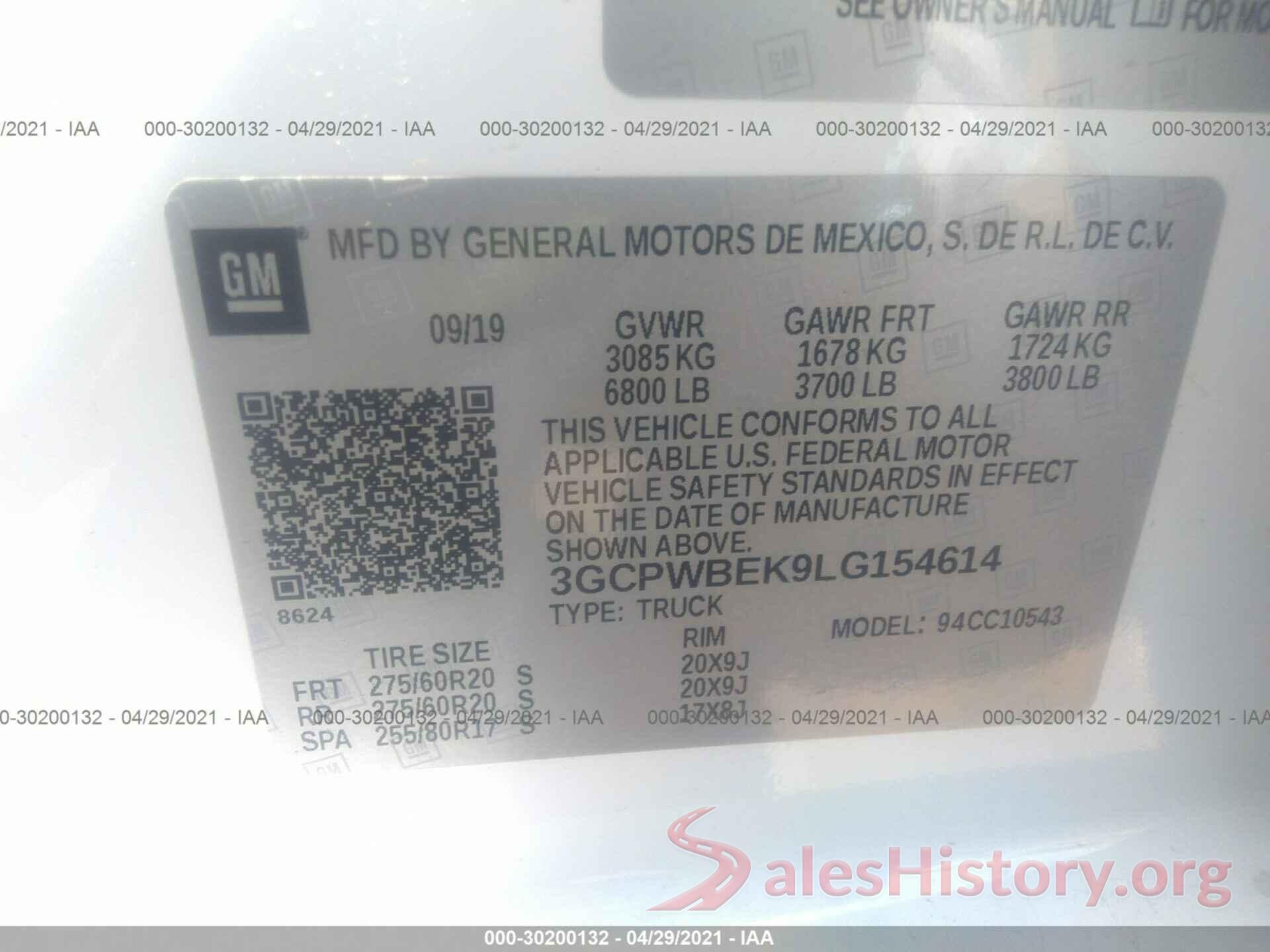 3GCPWBEK9LG154614 2020 CHEVROLET SILVERADO 1500