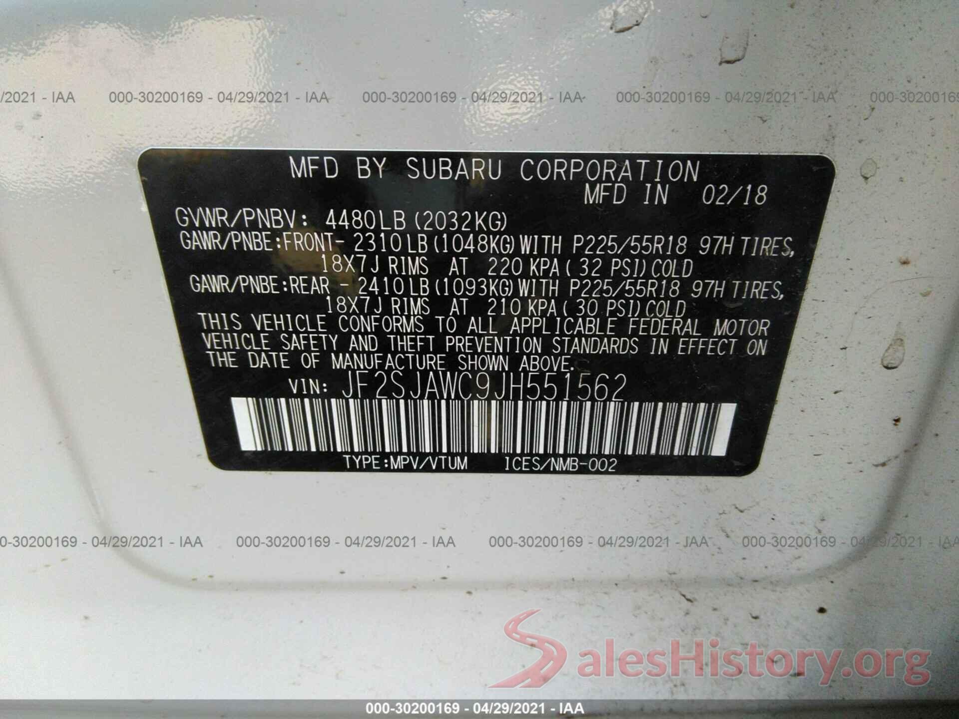 JF2SJAWC9JH551562 2018 SUBARU FORESTER