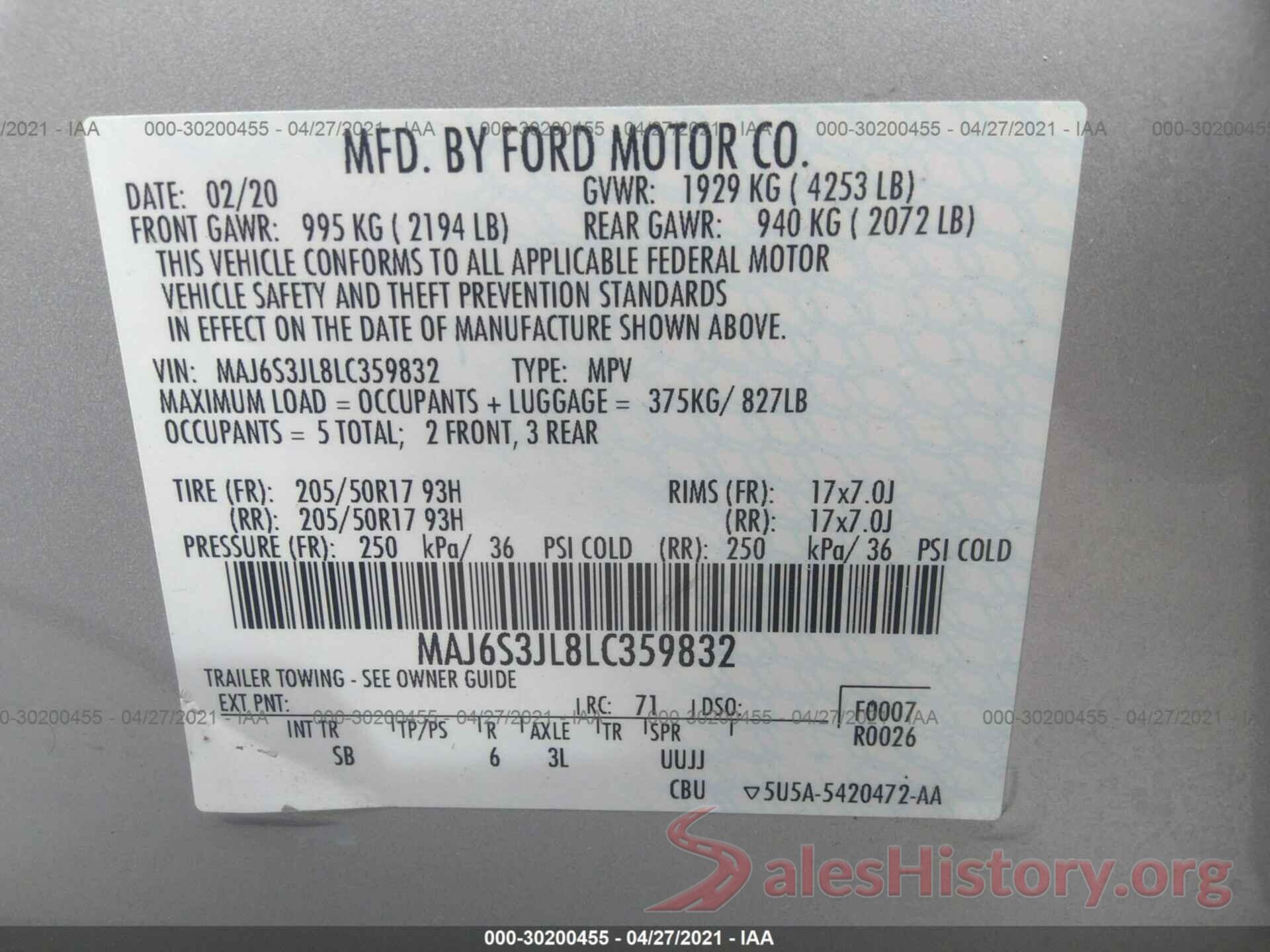 MAJ6S3JL8LC359832 2020 FORD ECOSPORT