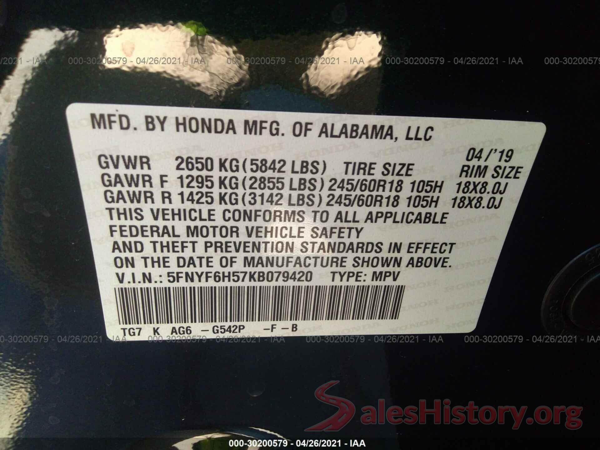 5FNYF6H57KB079420 2019 HONDA PILOT