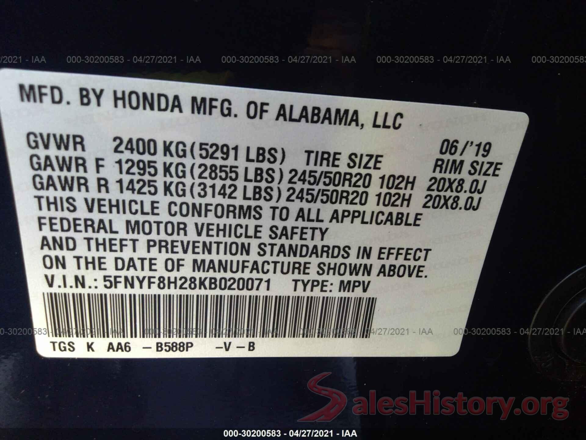 5FNYF8H28KB020071 2019 HONDA PASSPORT