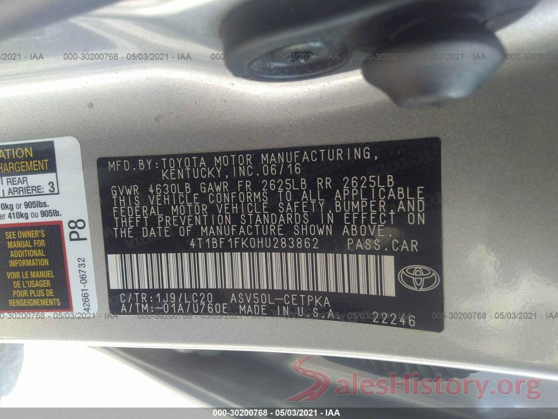 4T1BF1FK0HU283862 2017 TOYOTA CAMRY